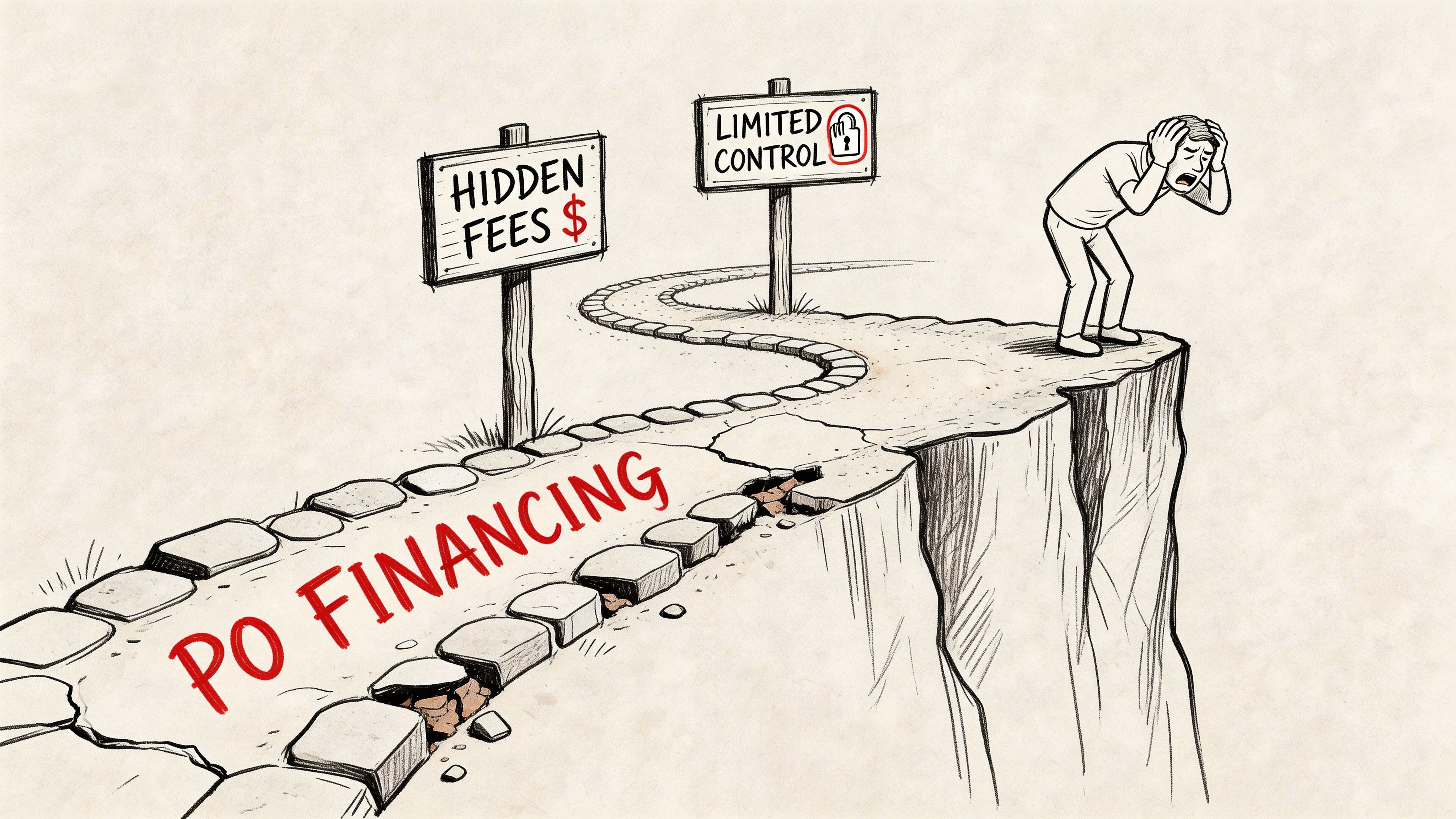 A distressed businessman standing on a crumbling path representing the risks and pitfalls of purchase order financing.