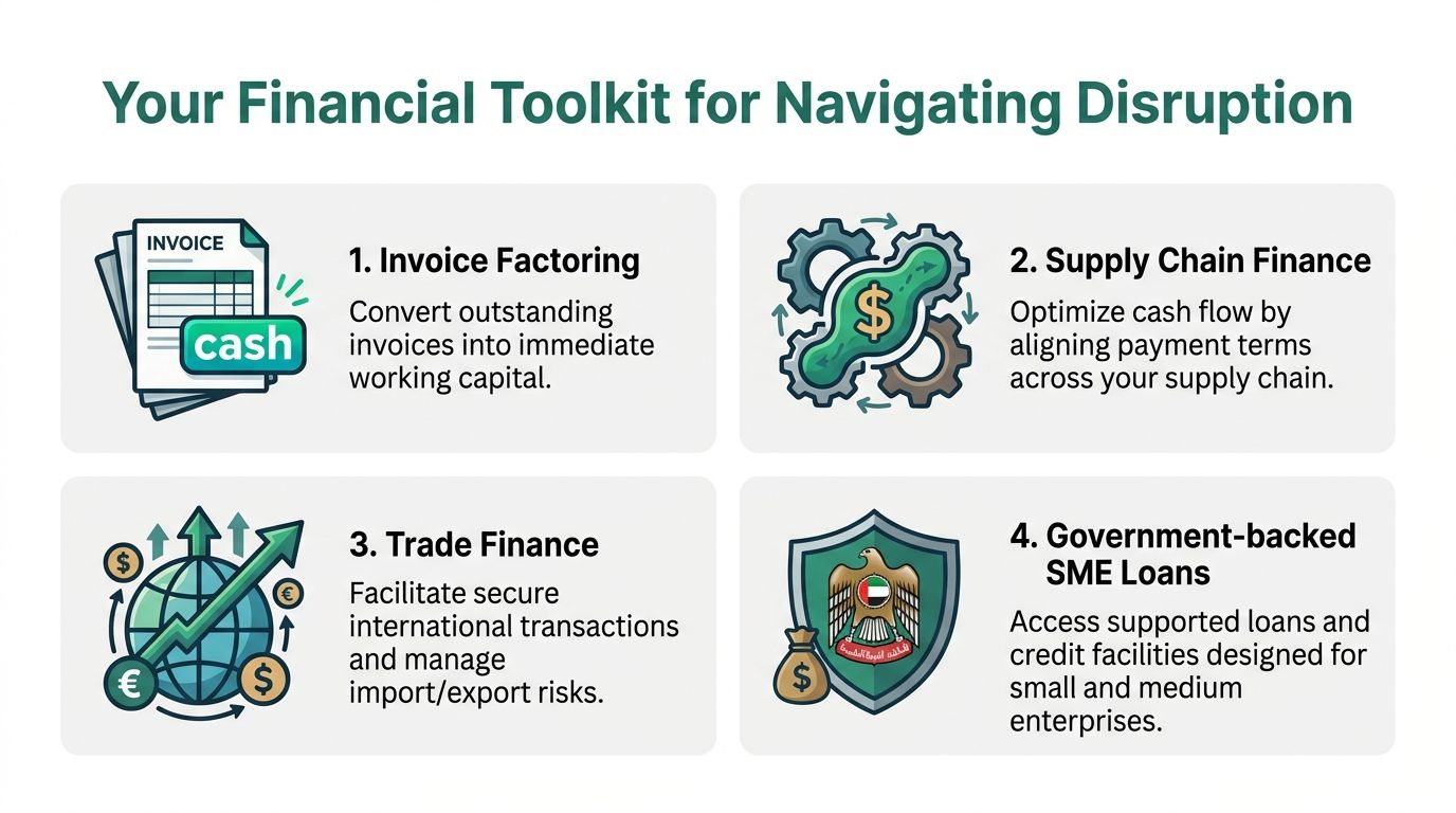 A financial toolkit infographic outlining four key business strategies for managing supply chain disruption in the UAE.