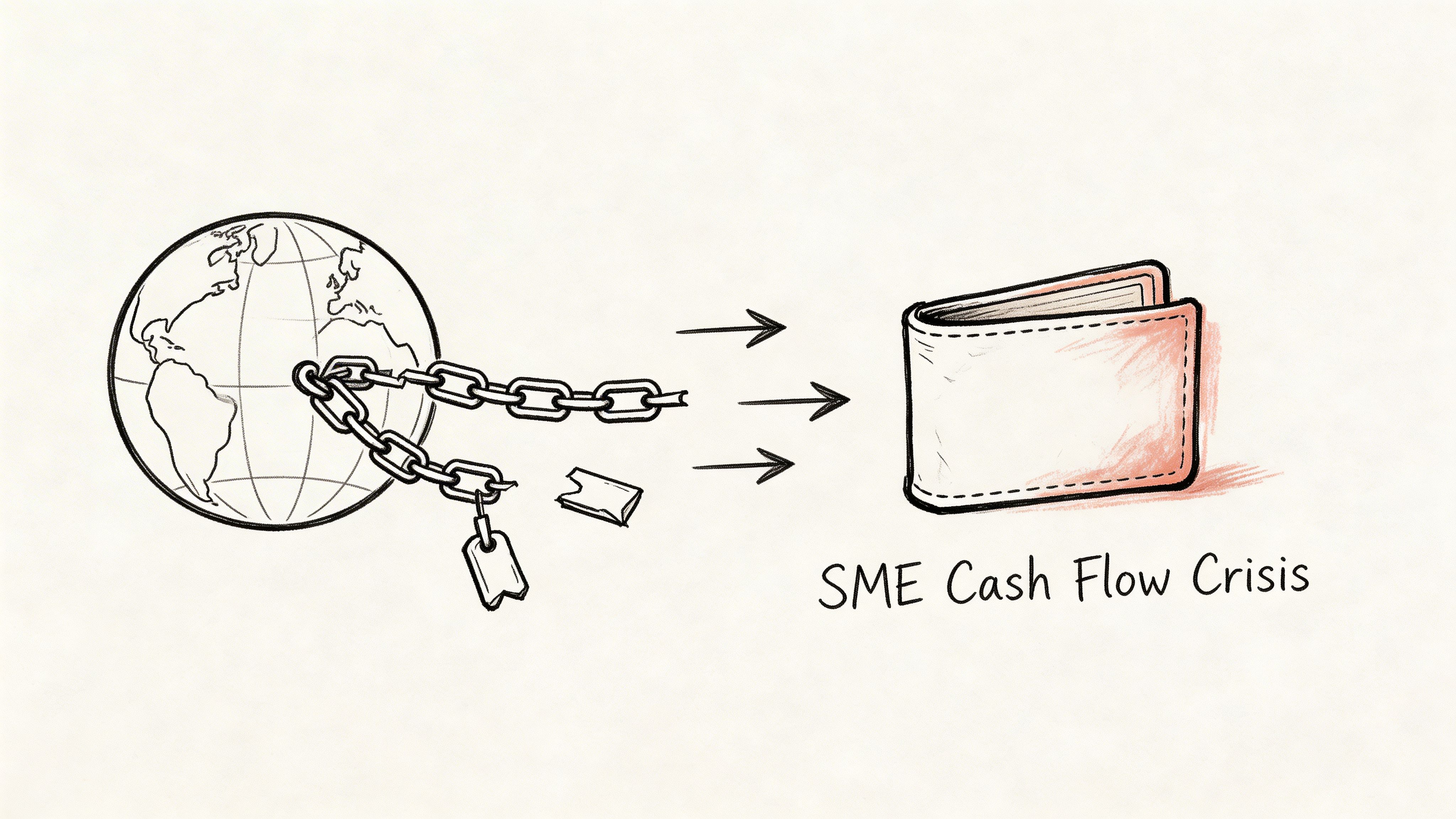 A conceptual illustration showing a global supply chain being broken, impacting an empty wallet representing business cash flow.