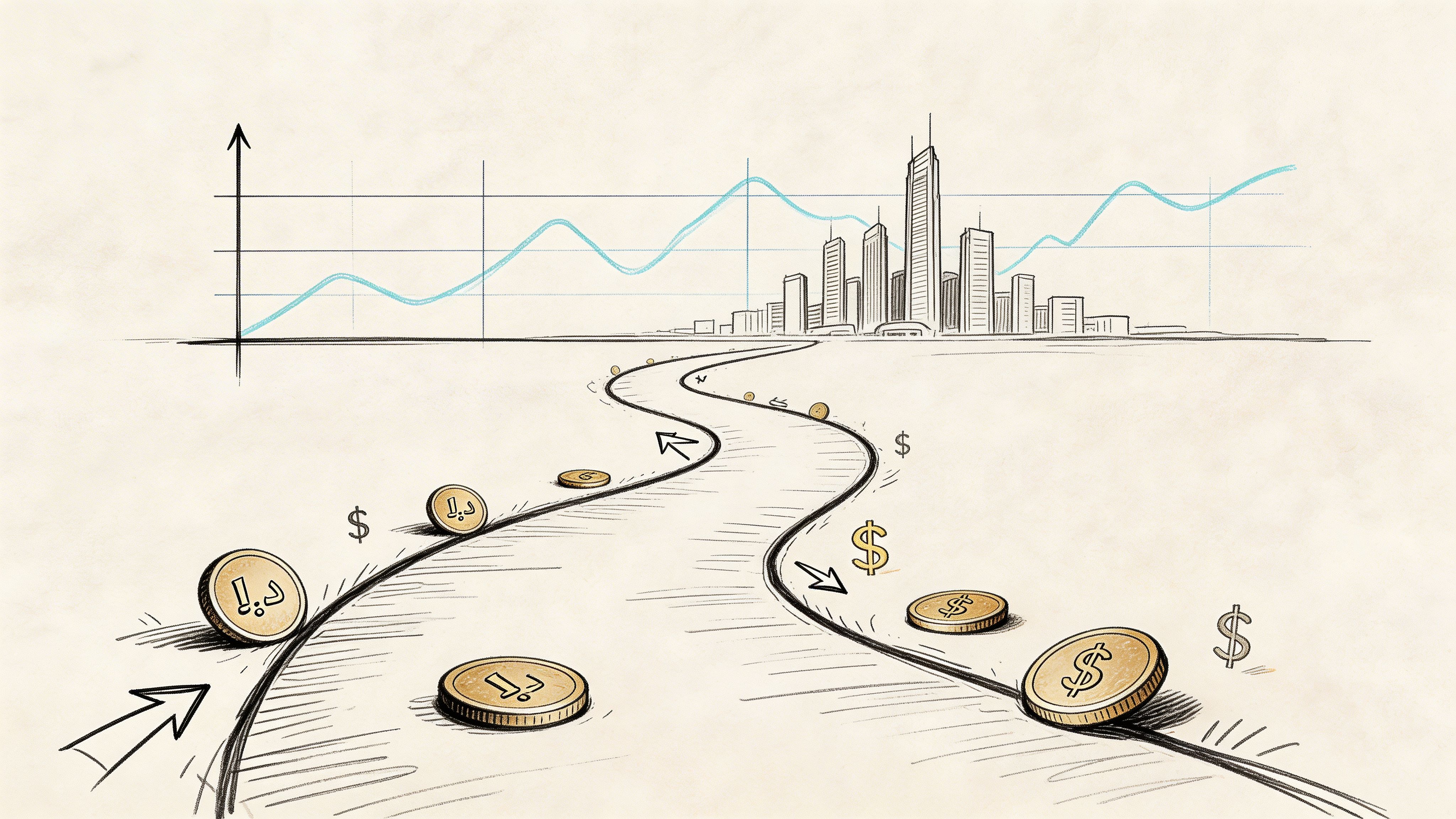 A conceptual sketch showing coins leading along a path toward a modern city skyline and growth chart.