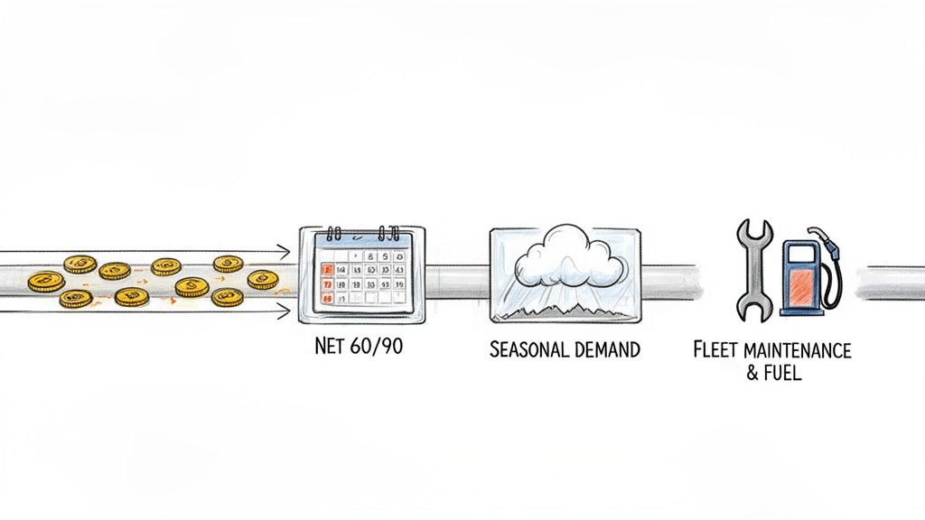 An illustration depicting cash flow challenges: payment terms (net 60/90), seasonal demand, and fleet maintenance and fuel costs.
