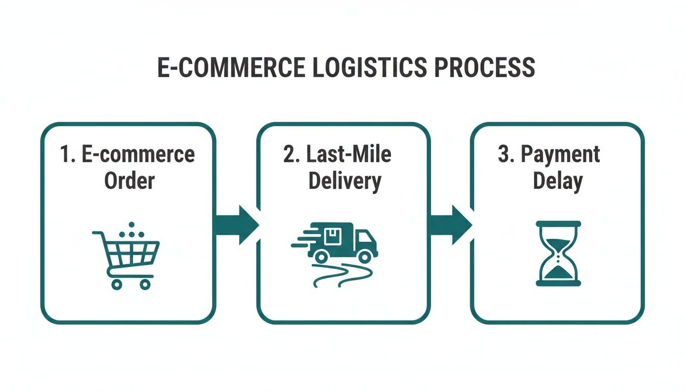 A diagram illustrating the e-commerce logistics process showing order, last-mile delivery, and payment delay.