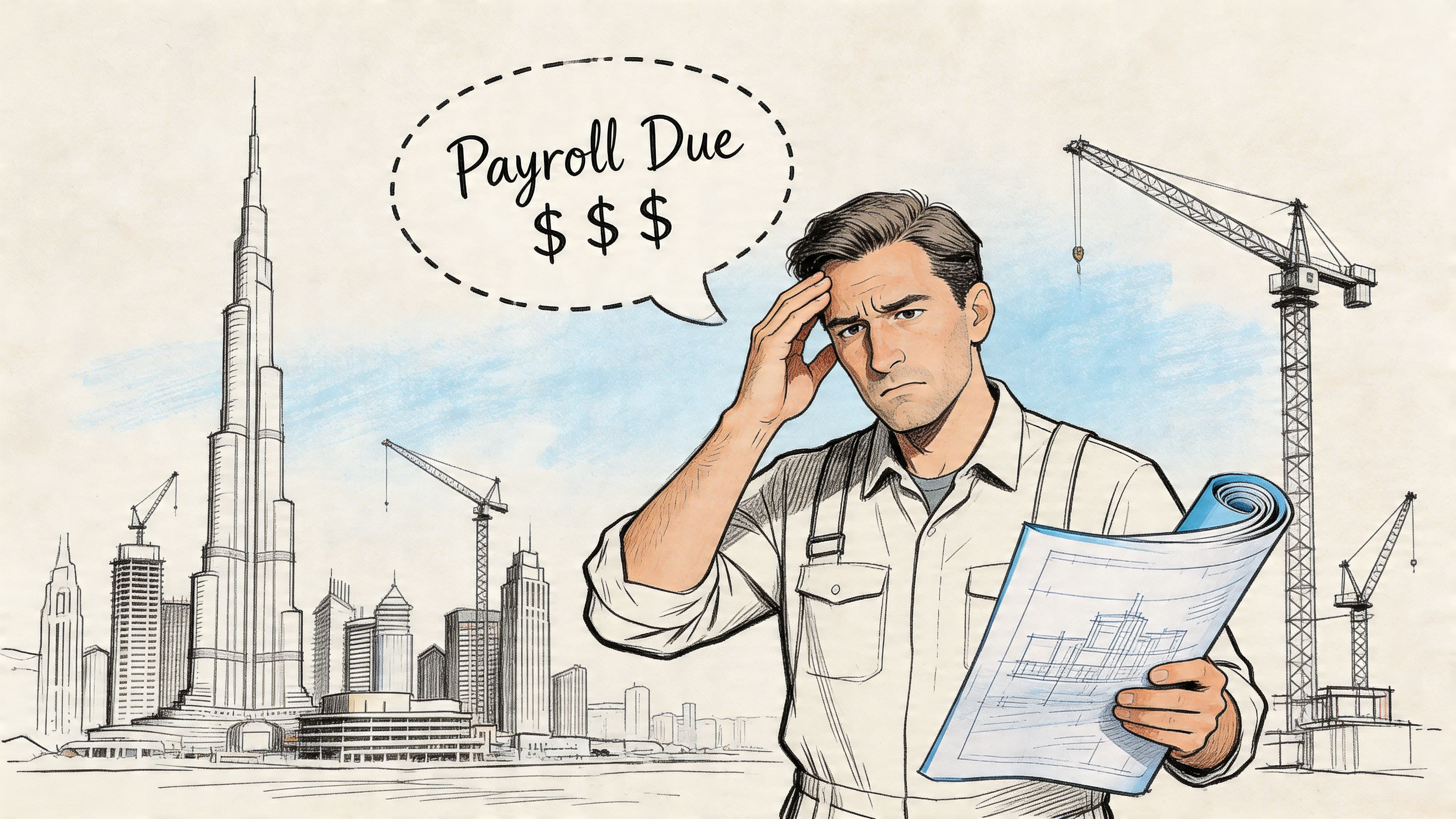 A stressed construction project manager holding building plans in front of the Dubai skyline with construction cranes.