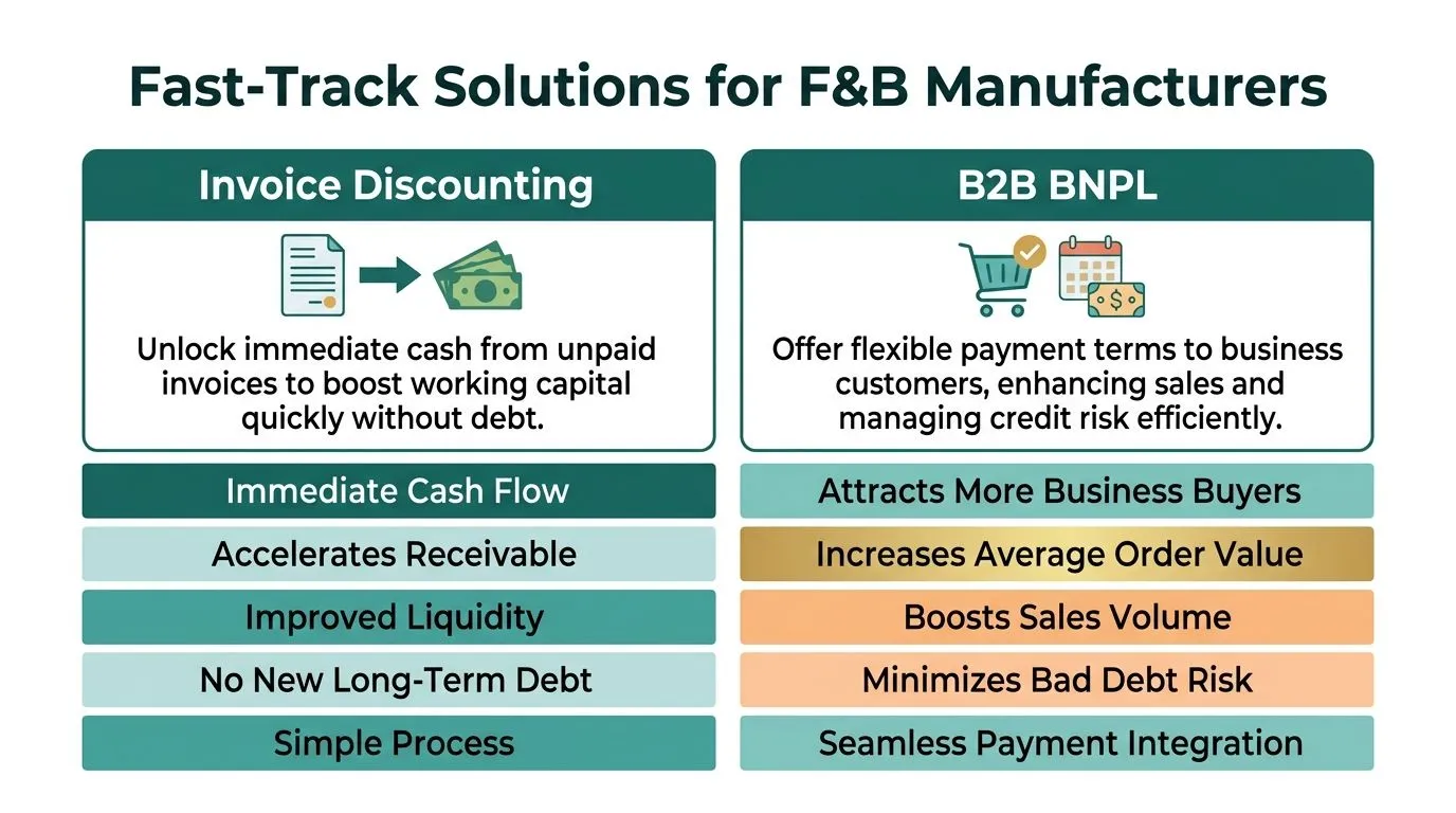A comparison chart showing invoice discounting and B2B BNPL as fast-track financing solutions for food and beverage manufacturers.