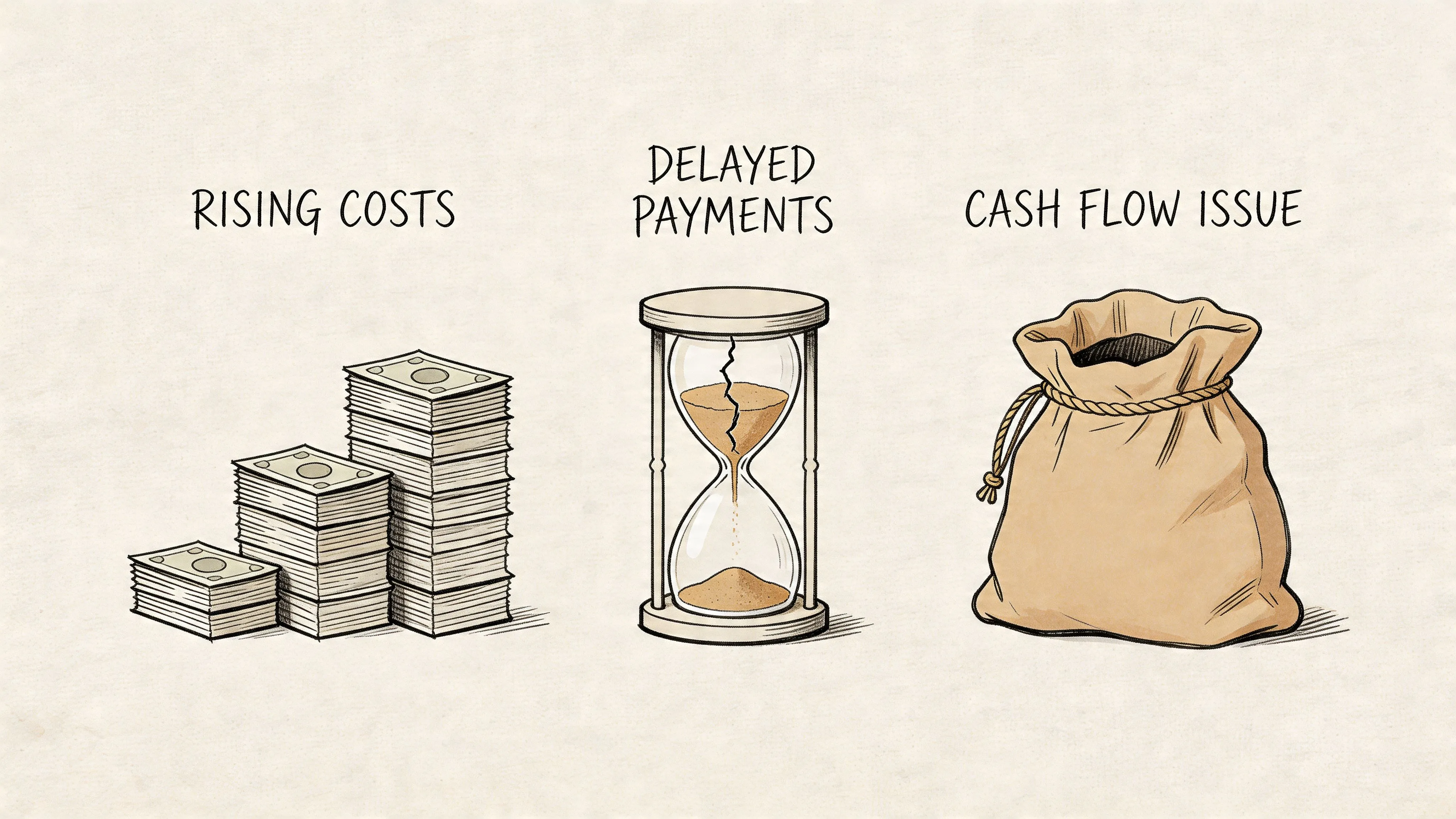 A conceptual illustration representing financial business challenges including rising costs, delayed payments, and cash flow issues.