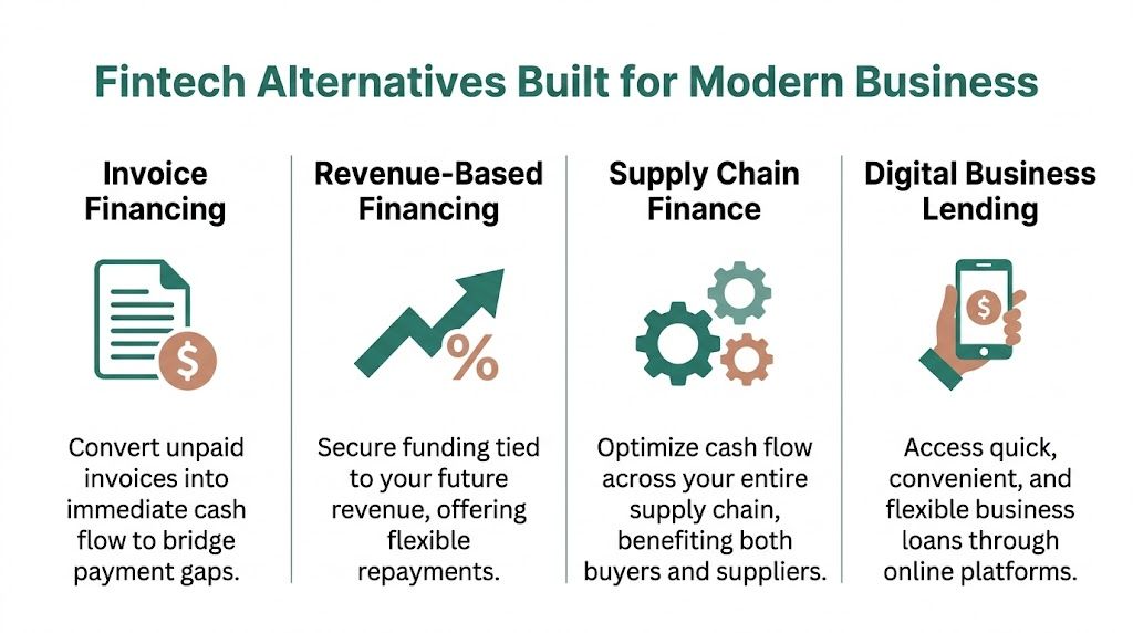 An infographic displaying four fintech alternatives for modern business financing: invoice, revenue-based, supply chain, and digital lending.
