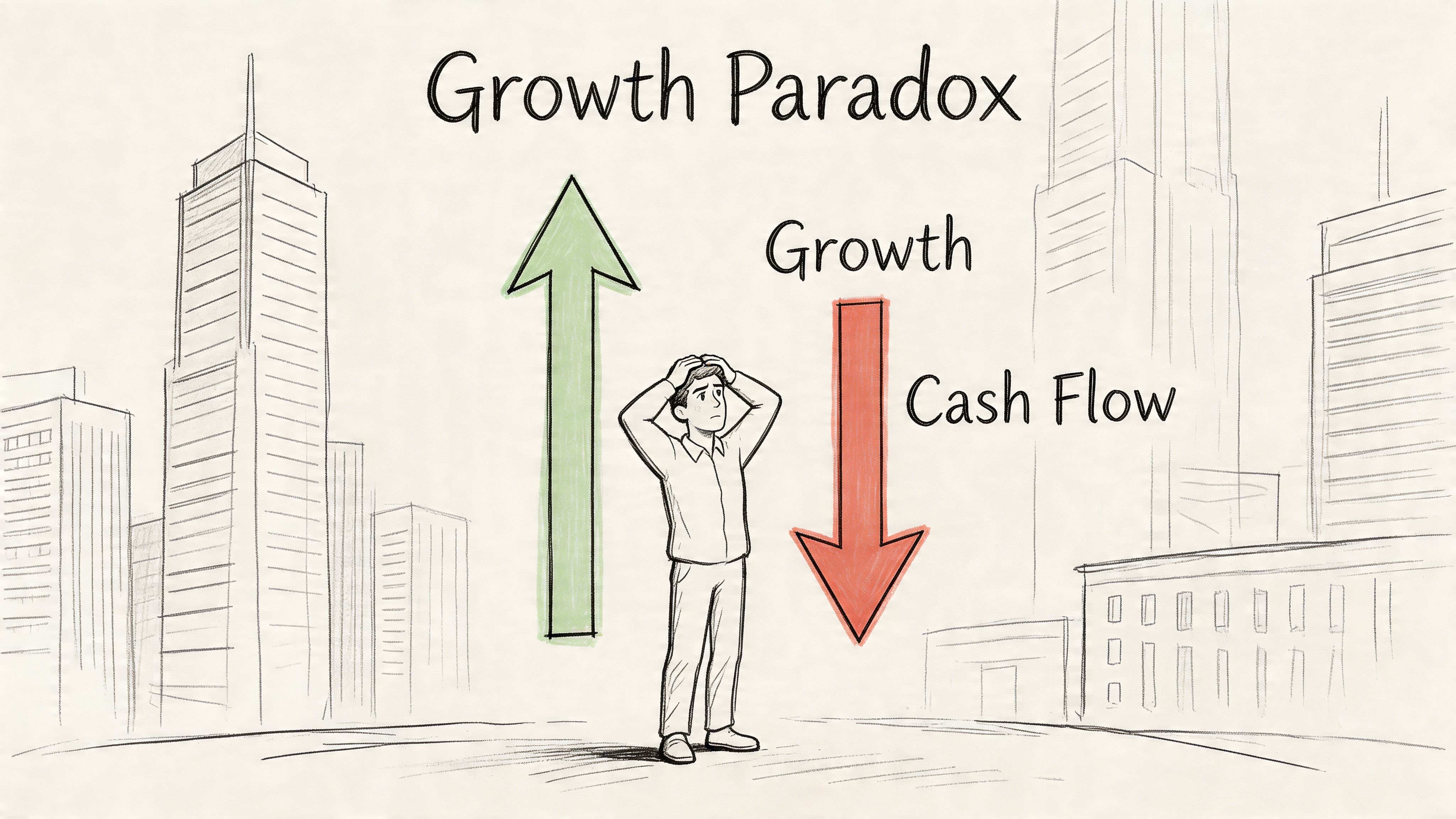 A hand-drawn illustration depicting the Growth Paradox with a man stressed between rising growth and falling cash flow.