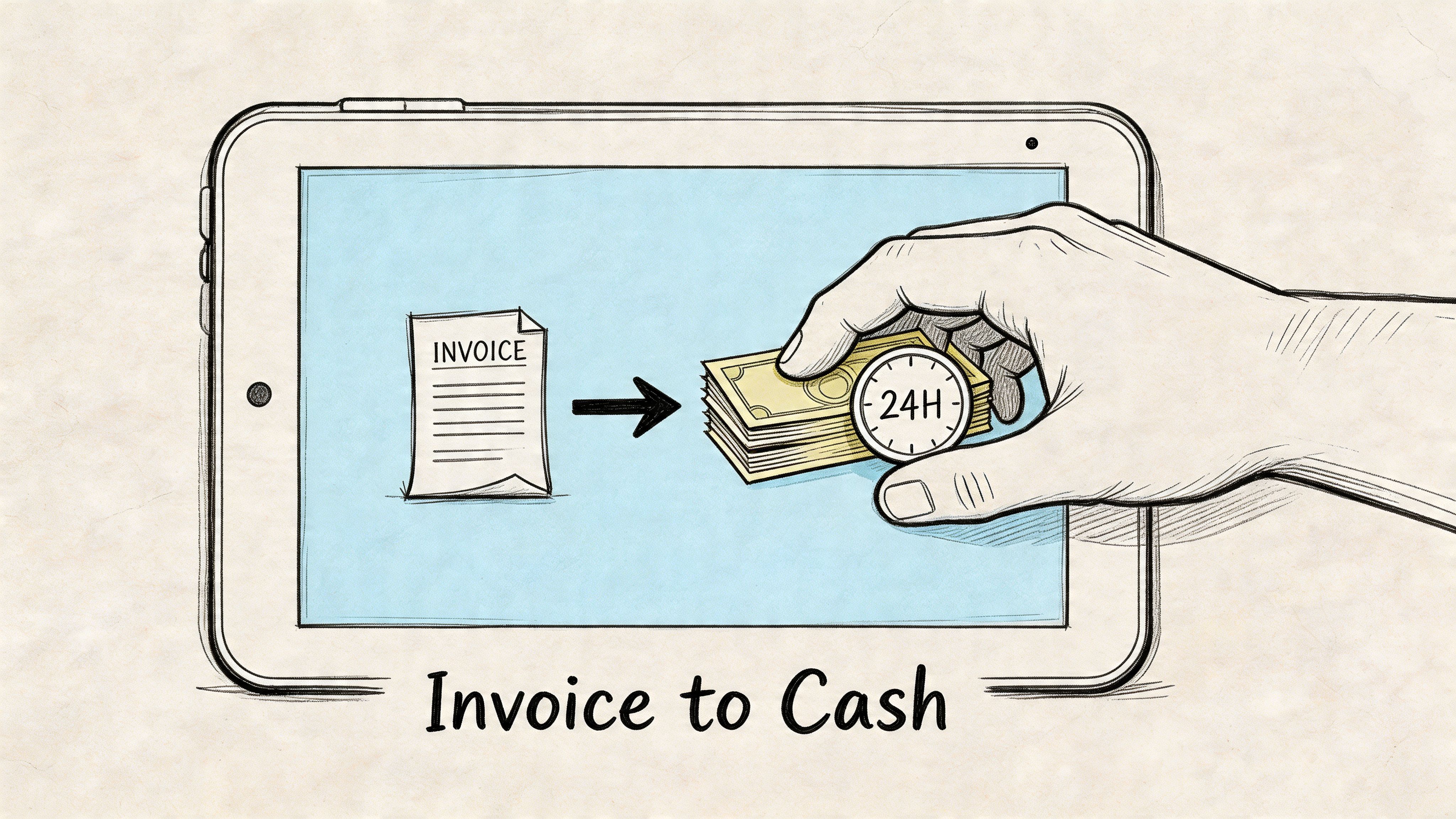A digital tablet screen displaying an invoice being transformed into cash within 24 hours.