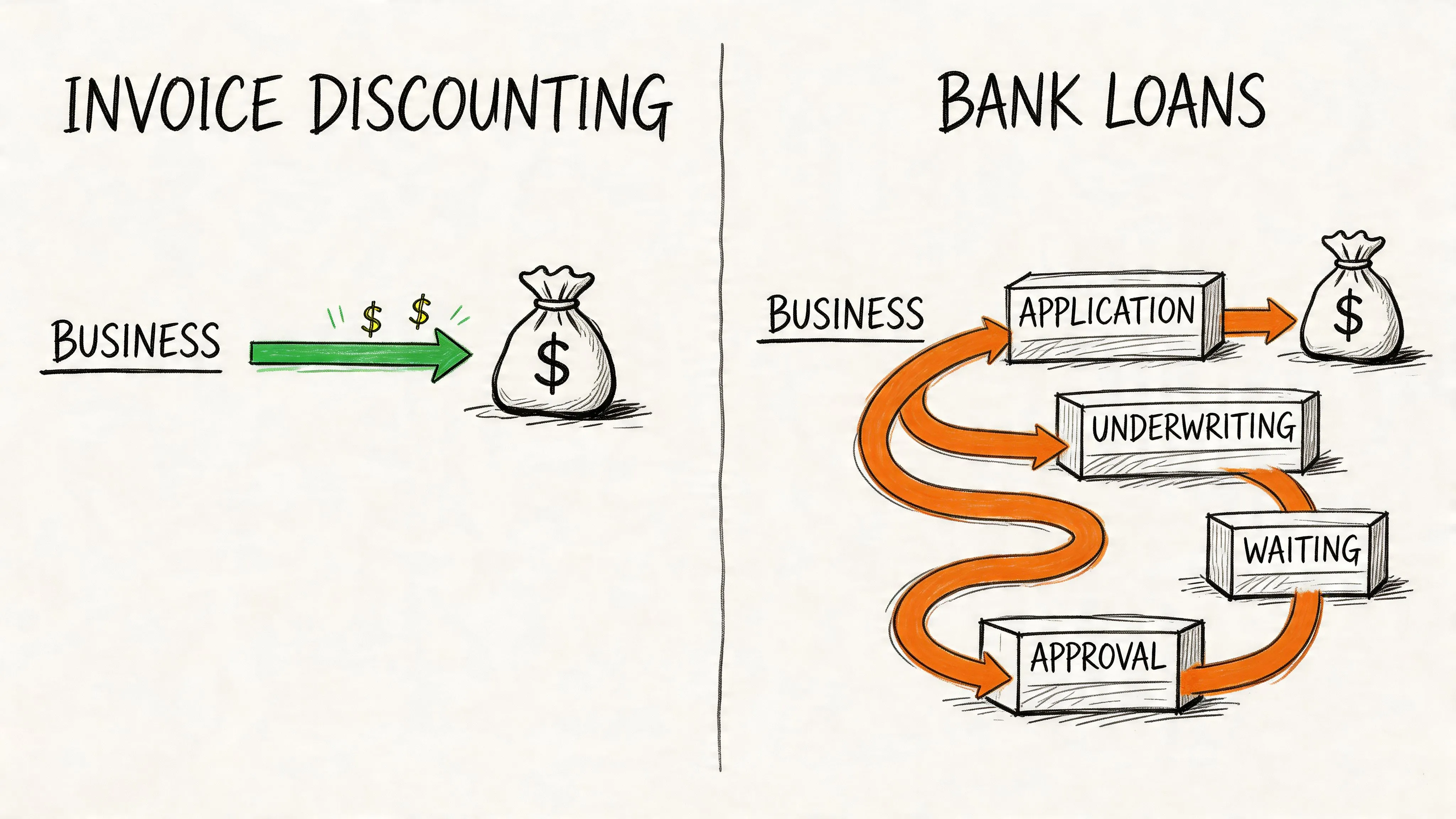 A diagram comparing the quick process of invoice discounting versus the long process of bank loans.
