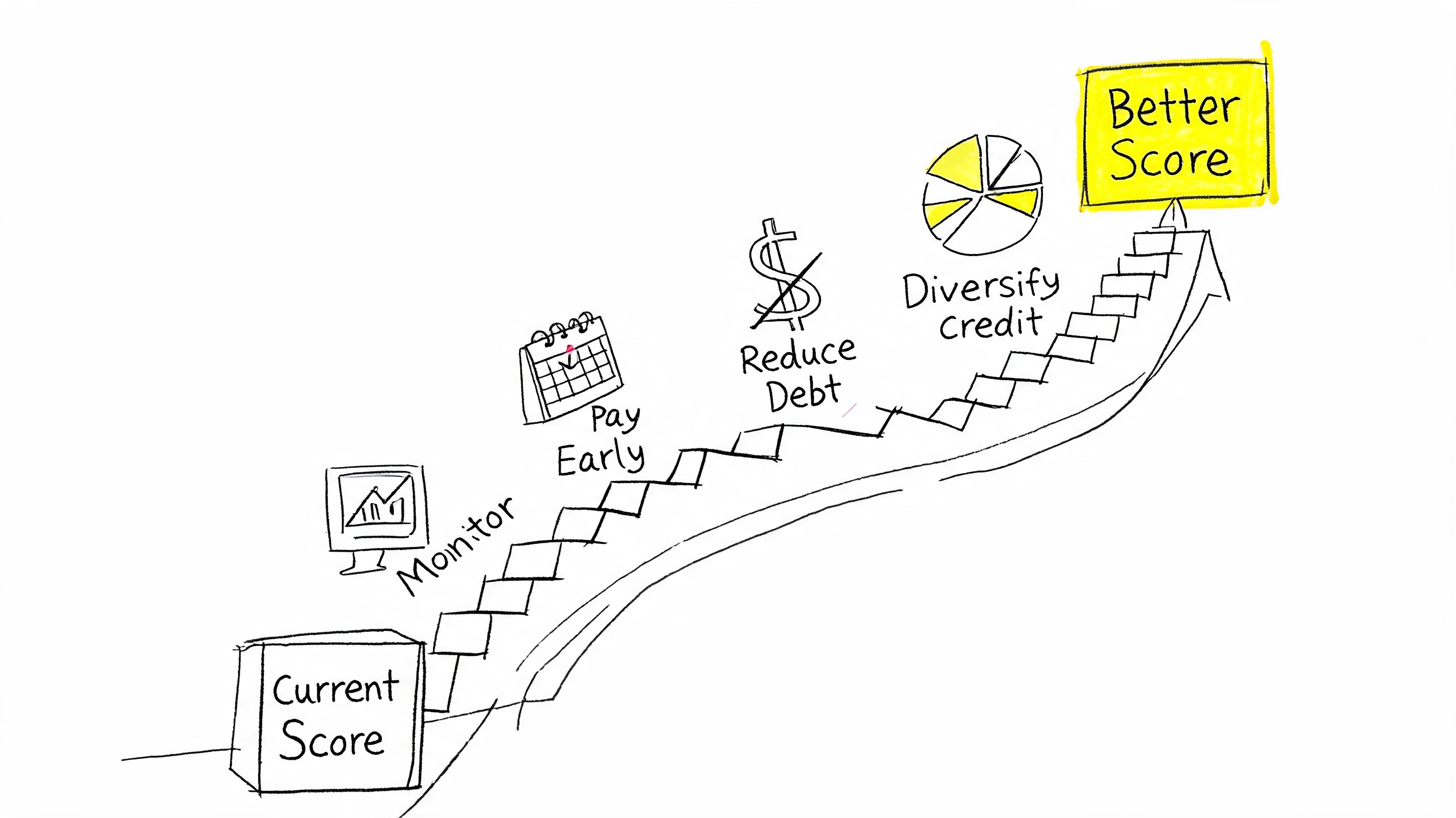 A hand-drawn illustration showing steps to improve credit score including monitoring, paying early, reducing debt, and diversifying.