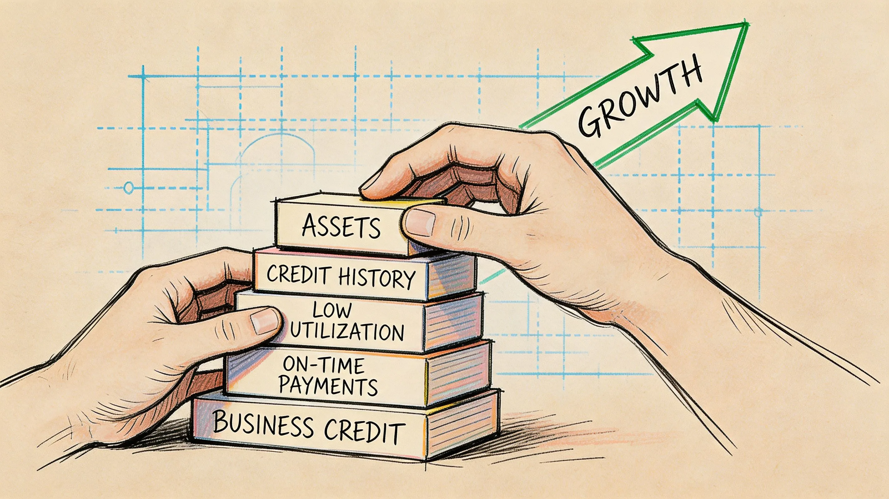 A hand building a stack of blocks representing business credit steps towards growth and financial success.