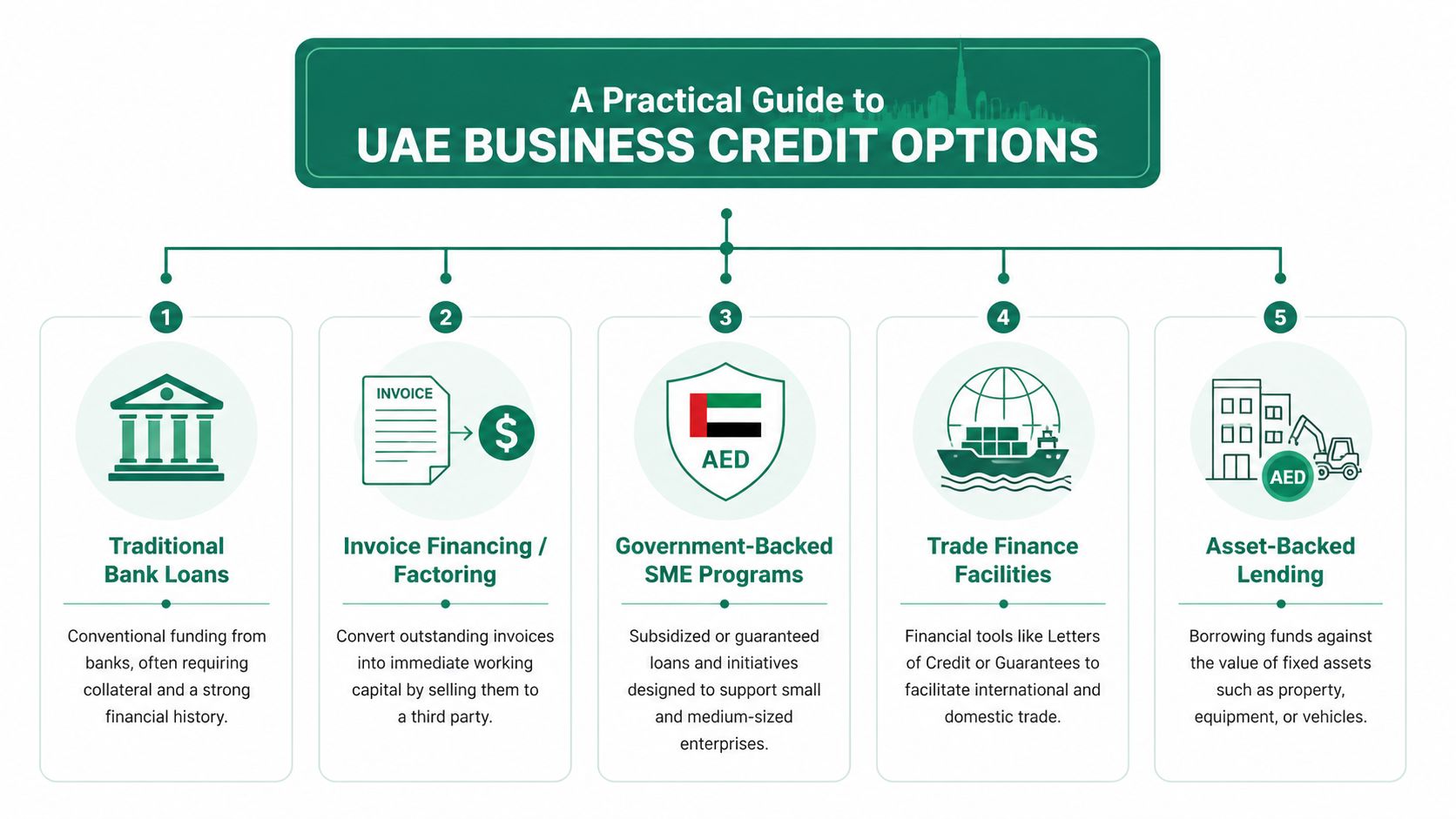 An infographic titled A Practical Guide to UAE Business Credit Options outlining five common financing methods.
