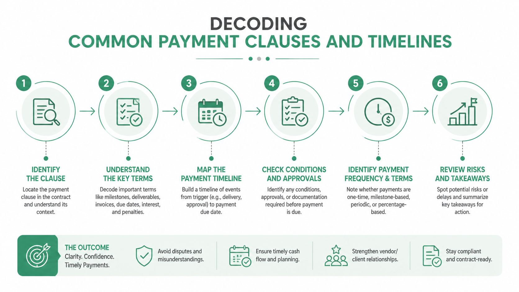 A flowchart infographic outlining six steps to decode and understand business payment clauses and timelines effectively.