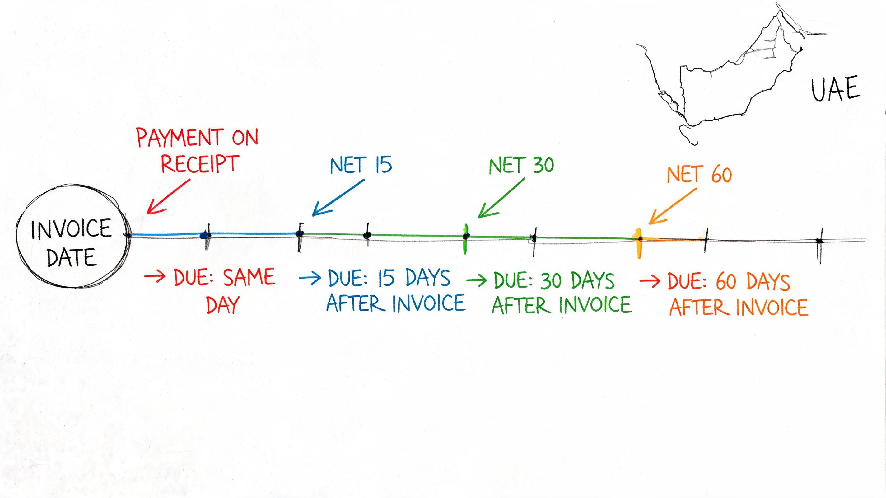 A hand-drawn timeline illustrating different invoice payment terms including payment on receipt, net 15, 30, and 60.