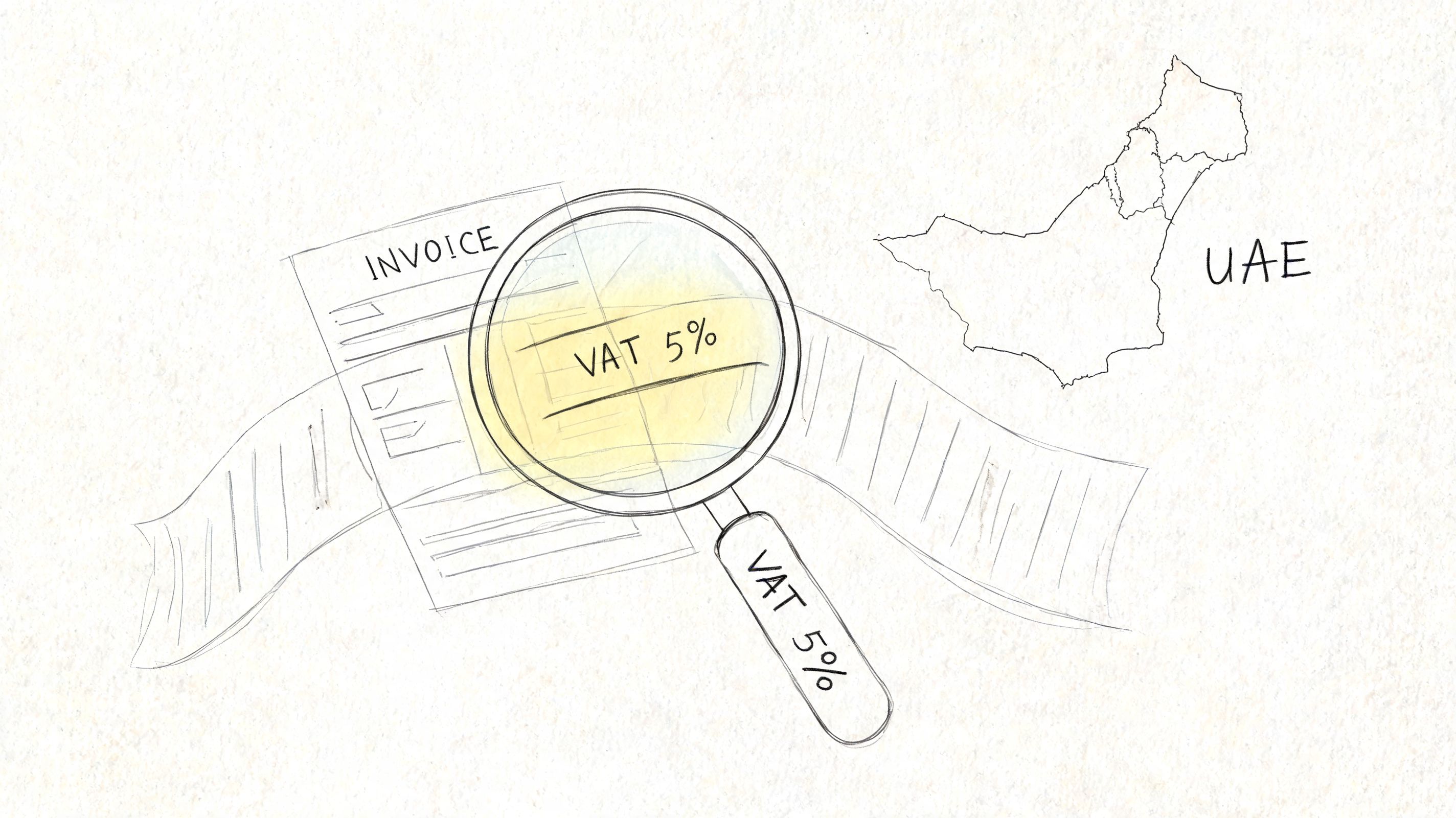 A magnifying glass inspecting a 5 percent VAT charge on a business invoice in the UAE.