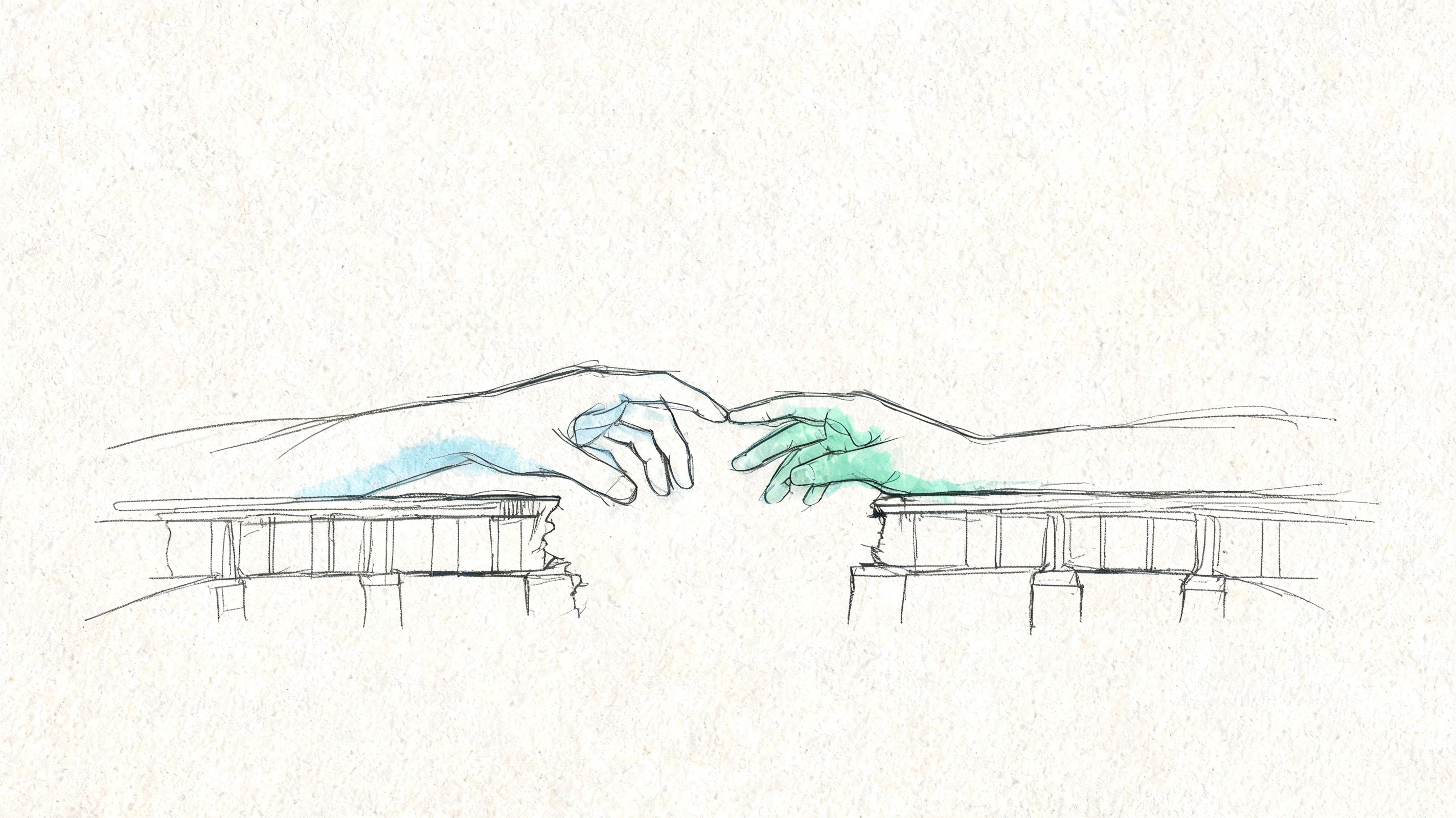 A charcoal sketch of two hands reaching toward each other over broken bridge segments with watercolor accents.