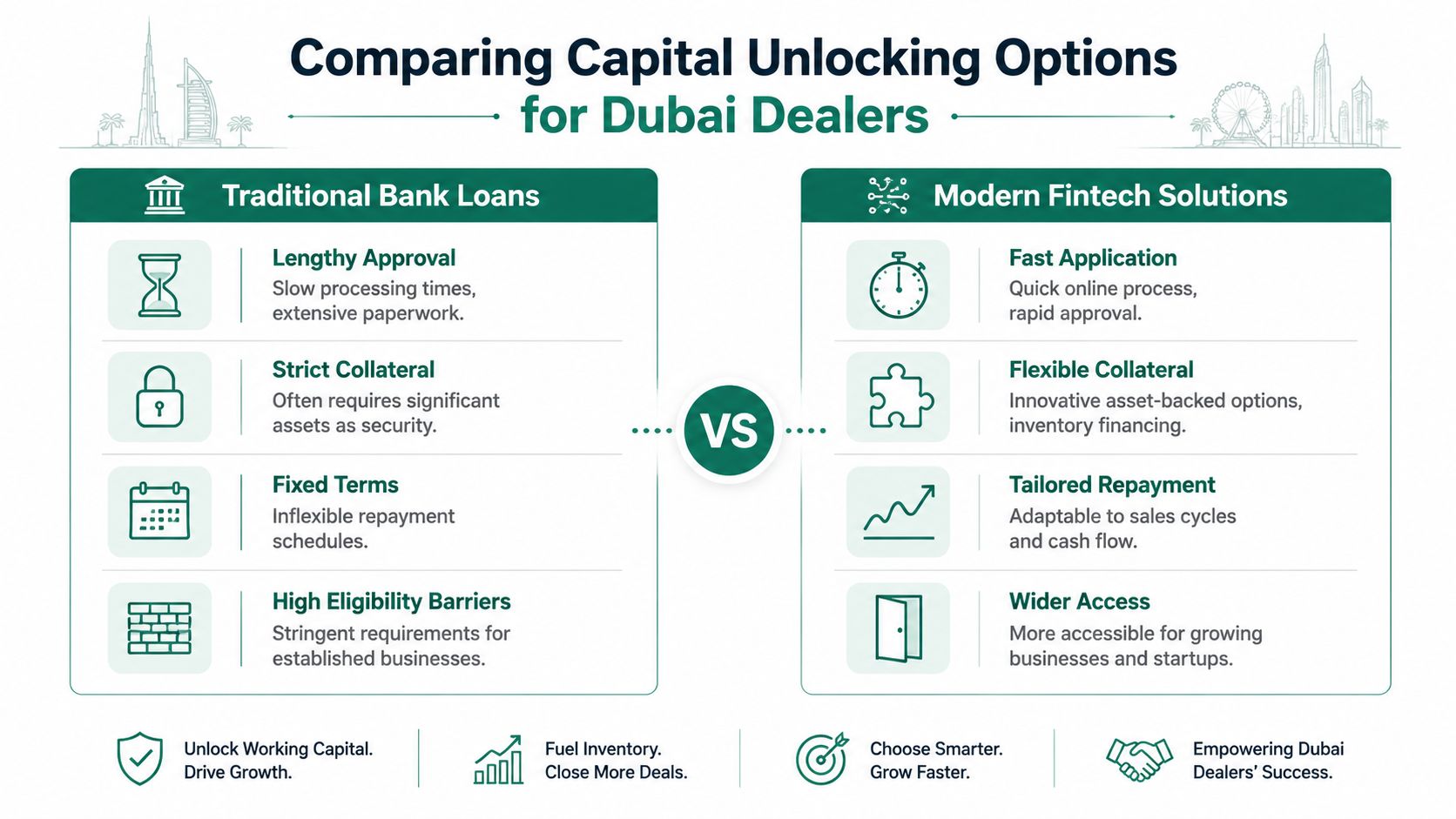 A comparison infographic between traditional bank loans and modern fintech solutions for capital unlocking for Dubai dealers.