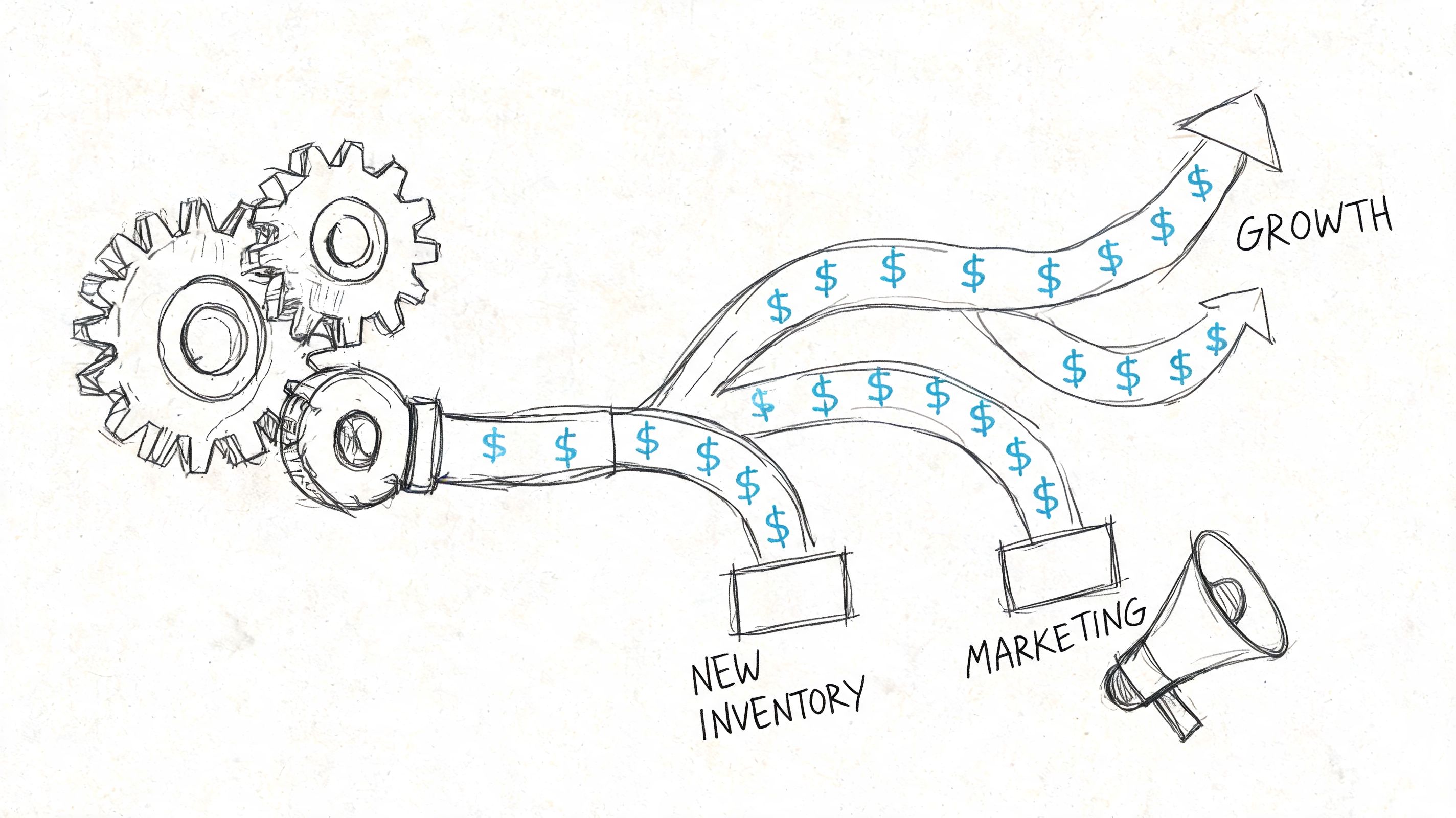 A hand-drawn illustration showing gears connected to streams of money leading toward growth, inventory, and marketing efforts.
