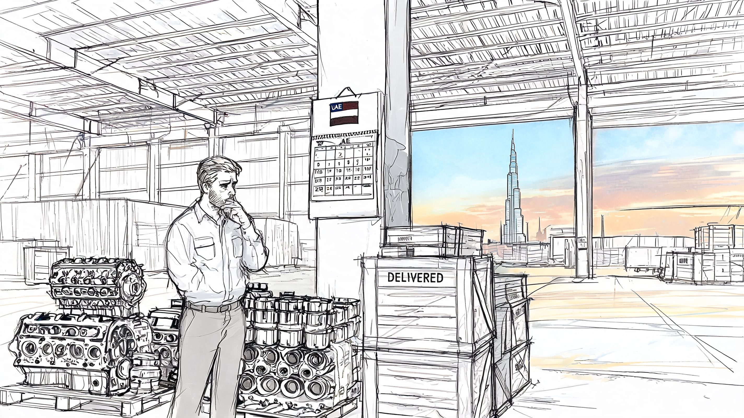 A warehouse worker looking thoughtful near crates of engine parts with the Burj Khalifa in the background.