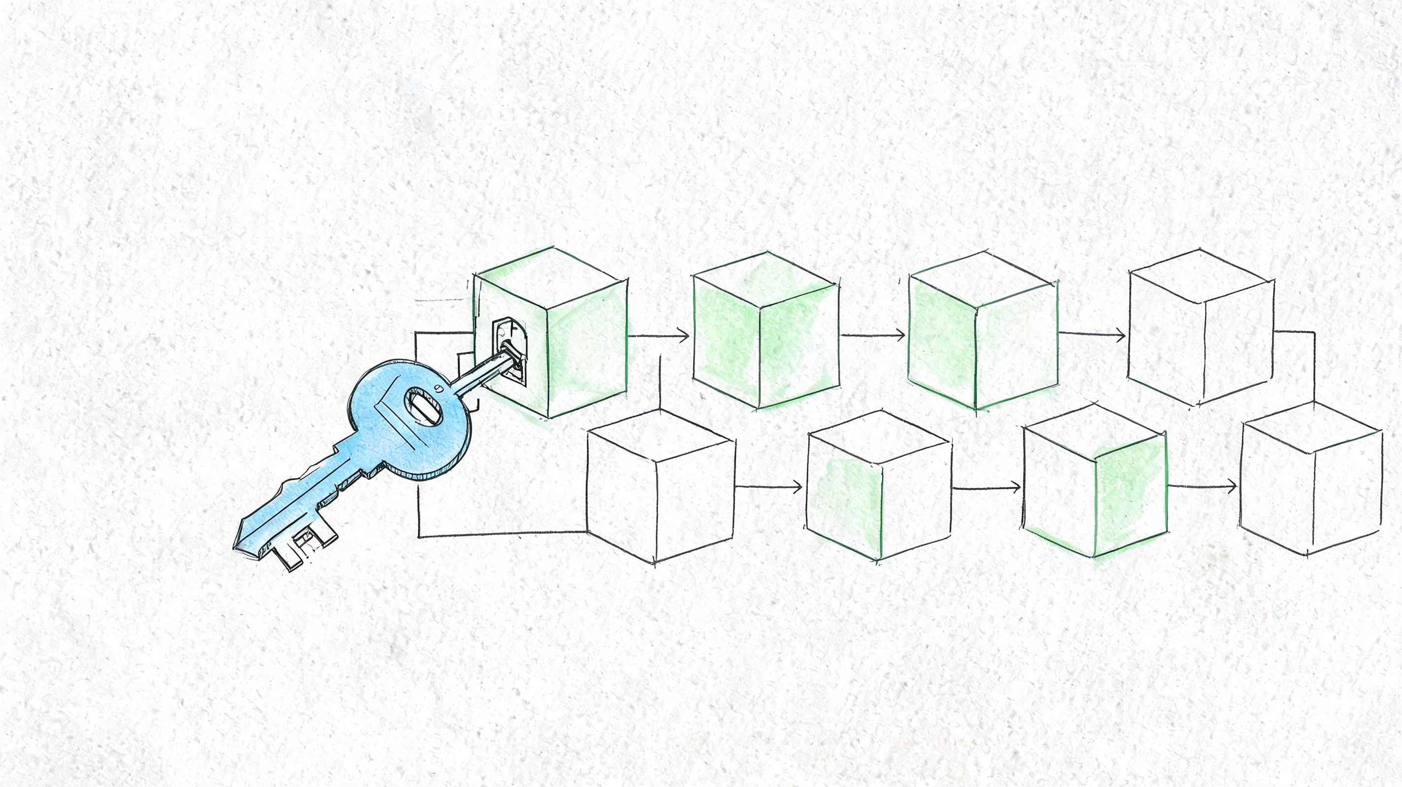 A hand-drawn illustration showing a blue key unlocking a sequence of interconnected 3D block chain cubes.