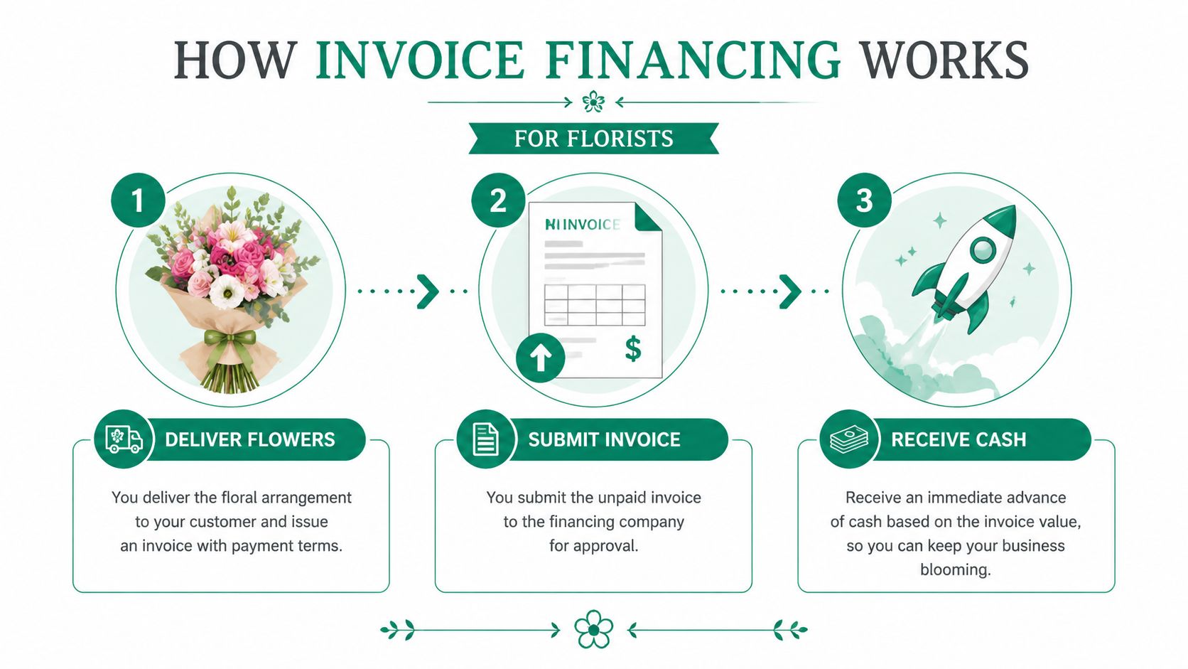 A three-step infographic showing how florists use invoice financing to improve cash flow by submitting unpaid invoices.