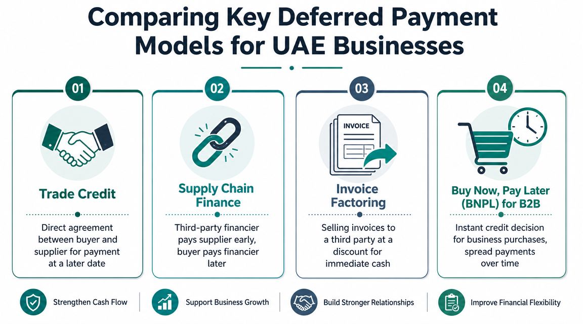 An infographic illustrating four key deferred payment models for businesses in the UAE including their descriptions.