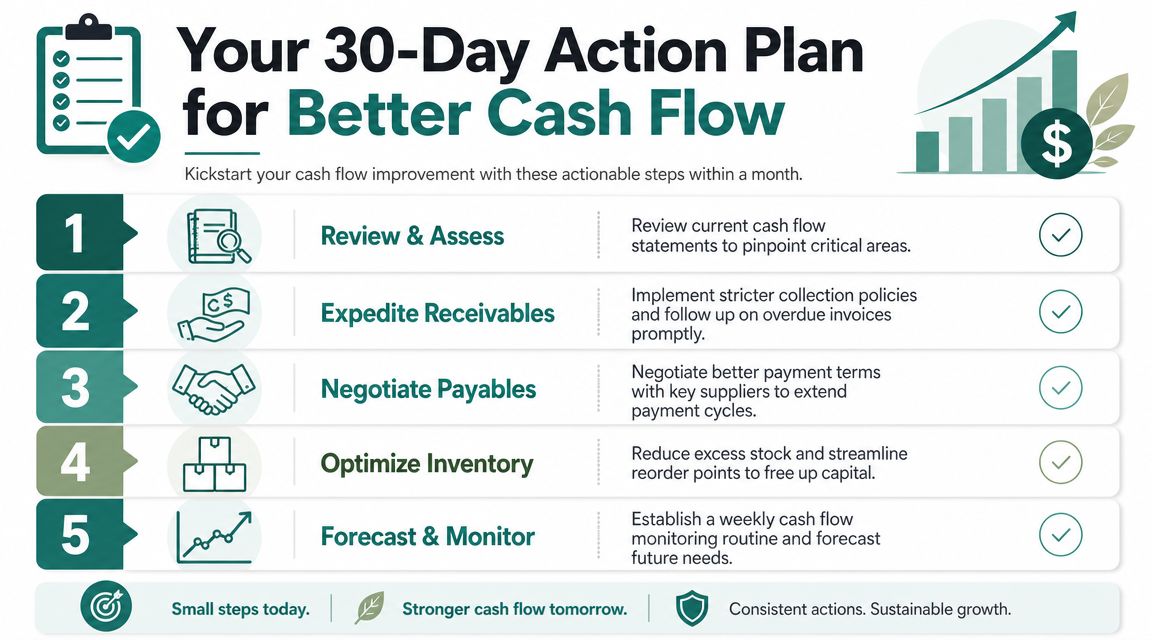 A five-step checklist illustrating an action plan for businesses to improve their cash flow management efficiently.
