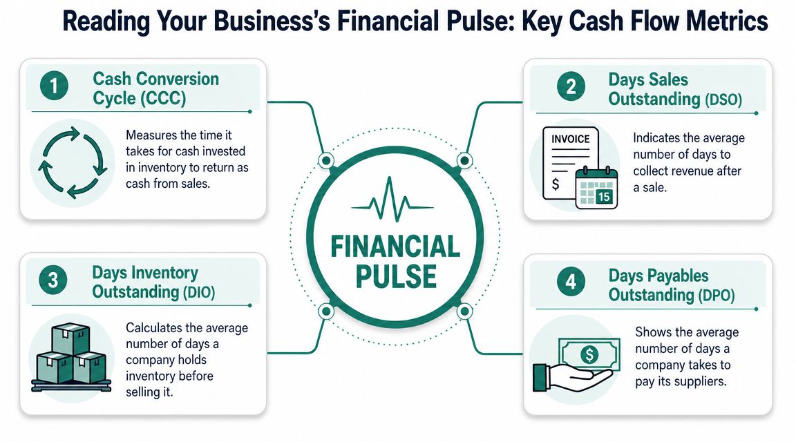 An infographic showing four key cash flow metrics for small businesses: CCC, DSO, DIO, and DPO.