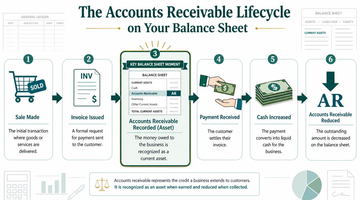 An infographic showing the six-step lifecycle of accounts receivable as it moves through the balance sheet process.