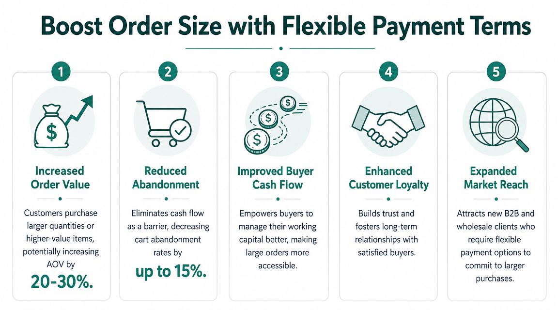 A five-point infographic titled Boost Order Size with Flexible Payment Terms explaining benefits for B2B e-commerce.