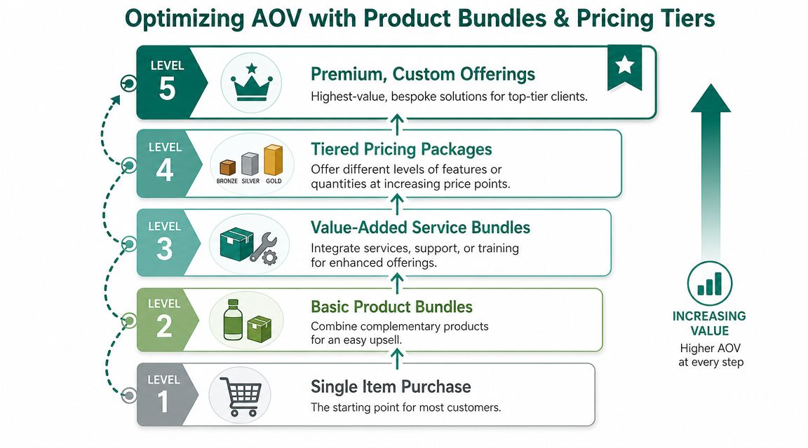 A diagram illustrating five levels for increasing average order value using product bundles and pricing tiers.