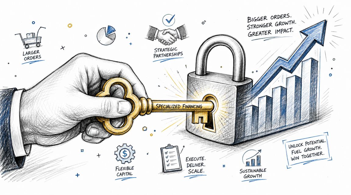 A hand holding a key labeled specialized financing to unlock business growth illustrated by a bar graph.
