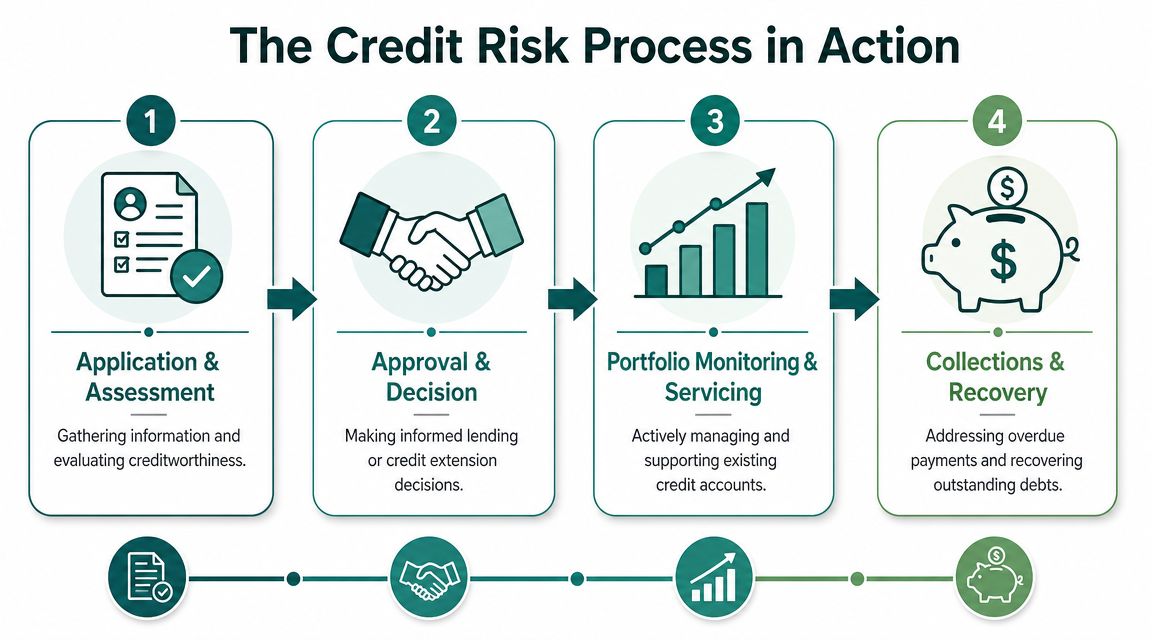A four-step infographic illustrating the credit risk management process from application to collections and recovery.