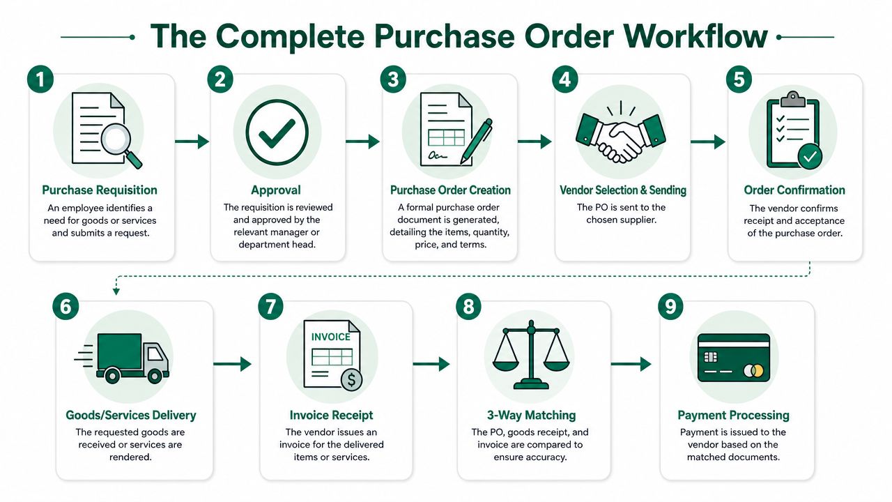 A detailed infographic illustrating the nine steps of the complete purchase order workflow from requisition to payment.