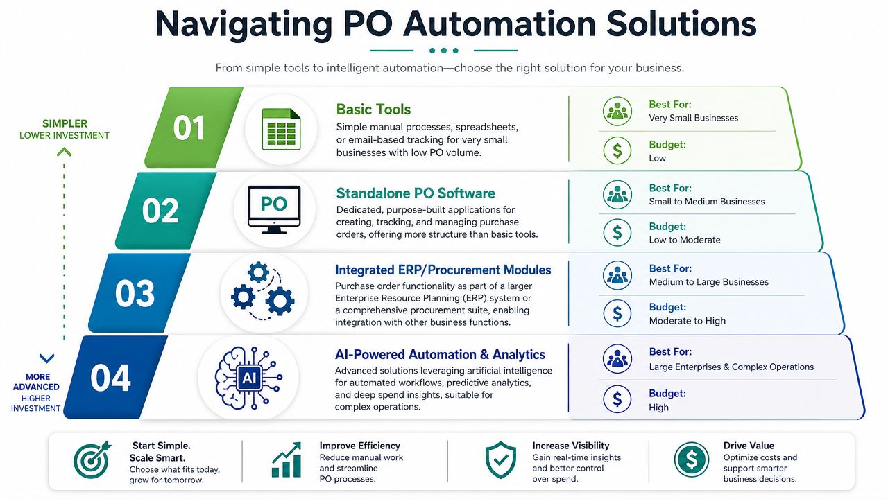 A hierarchical infographic illustrating four levels of purchase order automation solutions ranging from basic tools to AI-powered analytics.