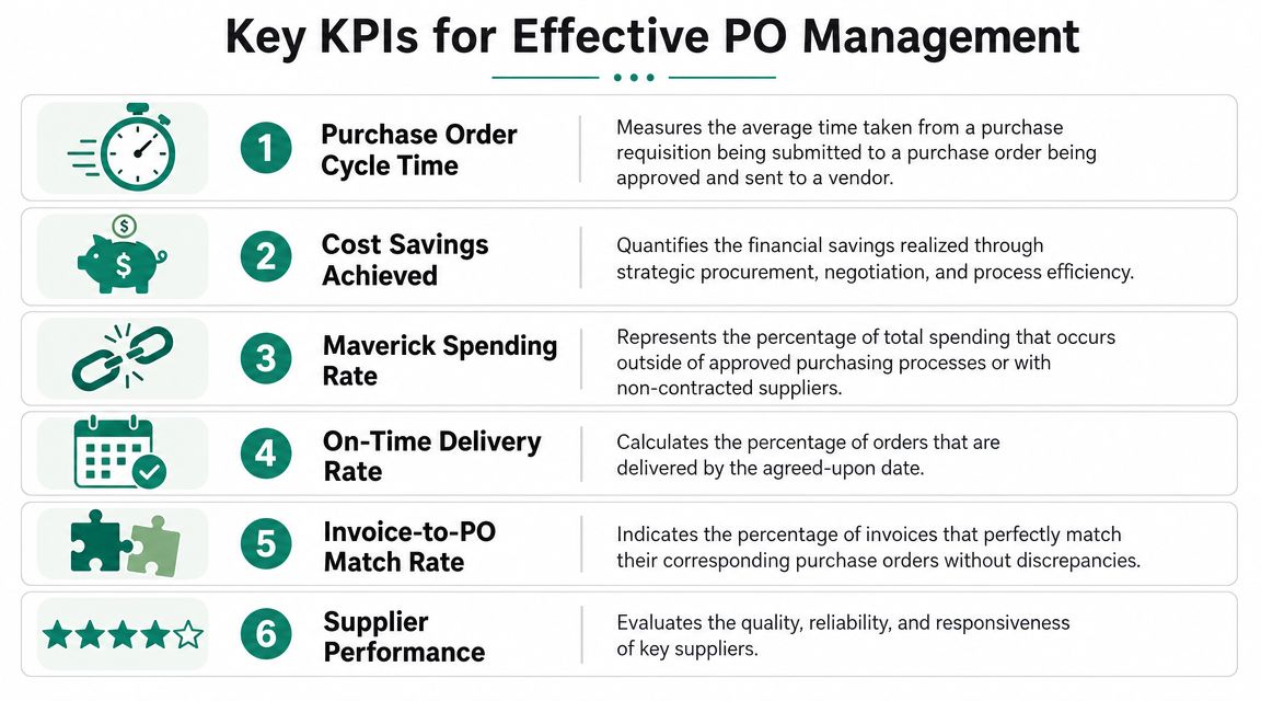 A list of six key performance indicators for effective purchase order management presented in a clean graphic.