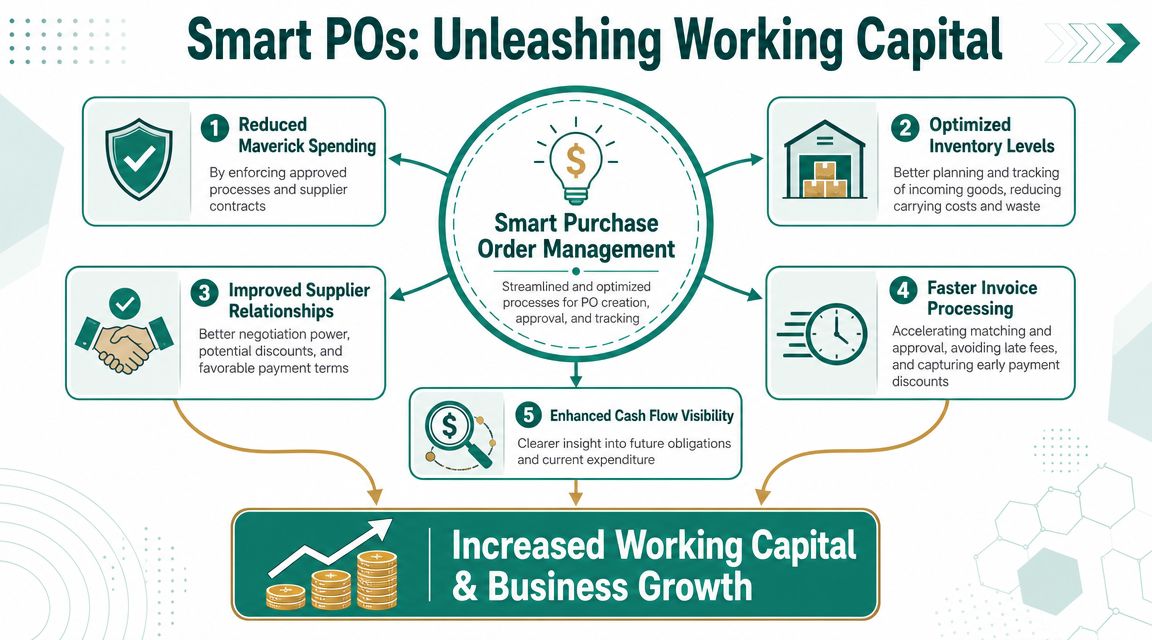 A diagram illustrating how smart purchase order management leads to increased working capital and business growth.