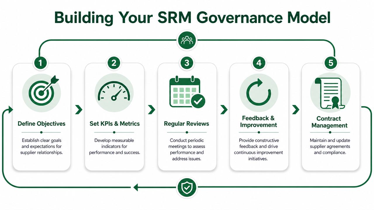 A five-step flowchart illustrating a comprehensive framework for building an effective supplier relationship management governance model.