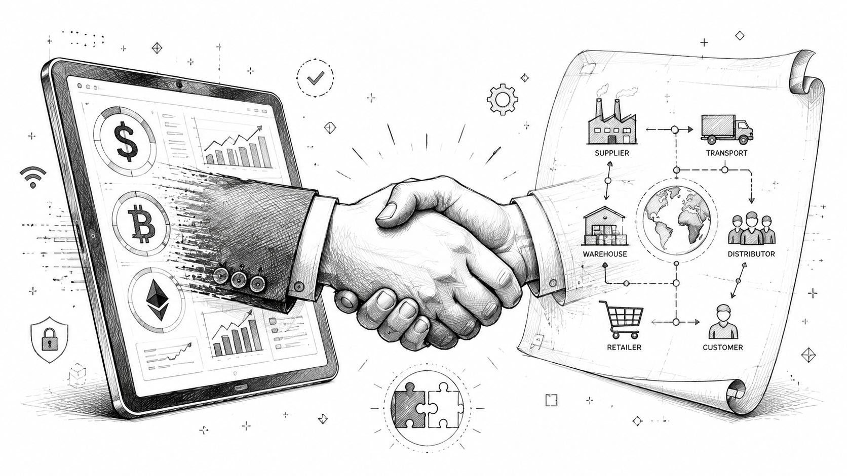 A digital handshake connecting financial technology with a traditional physical supply chain management diagram.