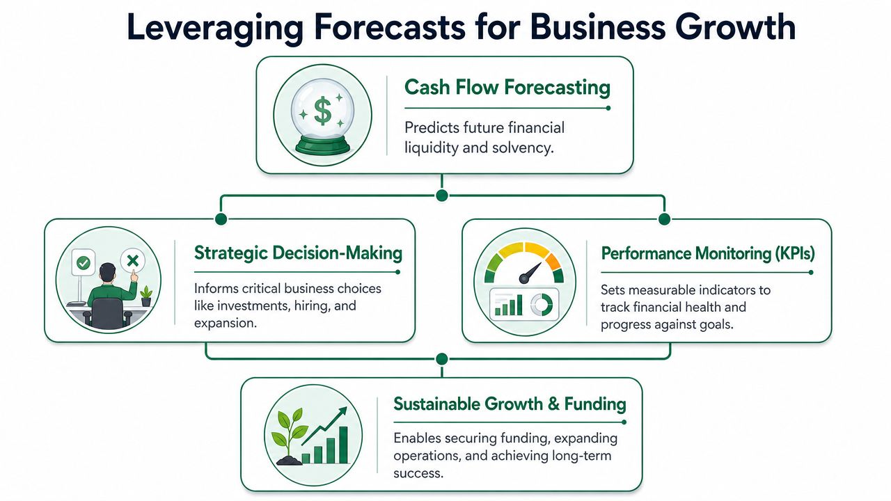 An infographic showing how cash flow forecasting leads to strategic decision-making, performance monitoring, and sustainable business growth.