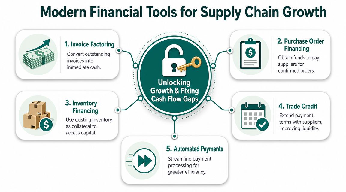 A diagram illustrating five modern financial tools used to unlock supply chain growth and fix cash flow gaps.