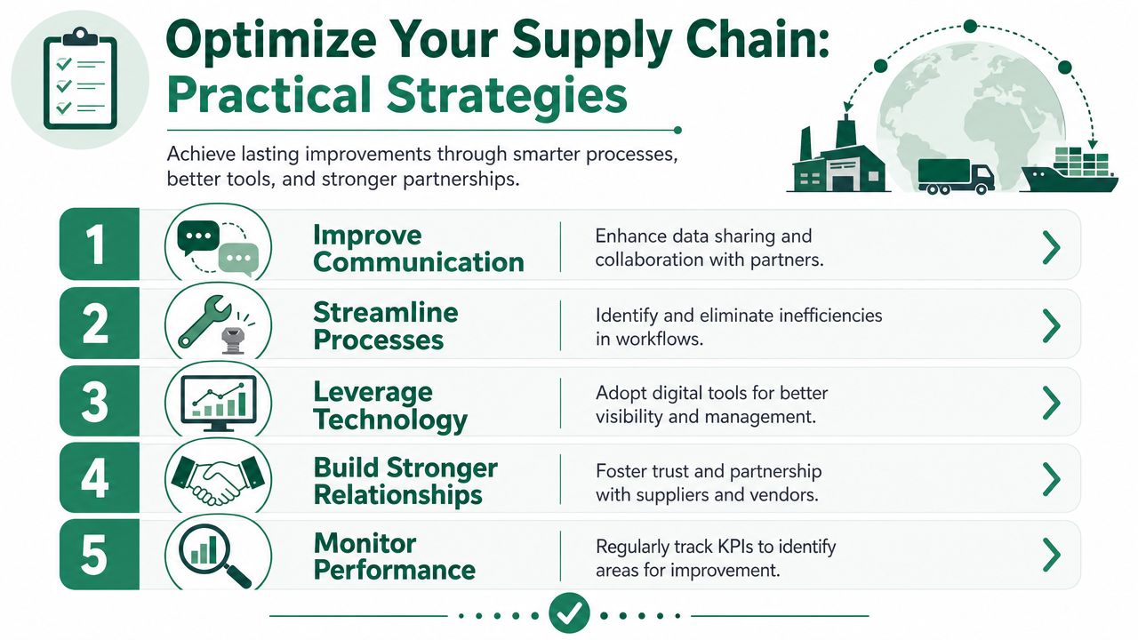 An infographic showing five practical strategies to optimize your supply chain through process and technology improvements.