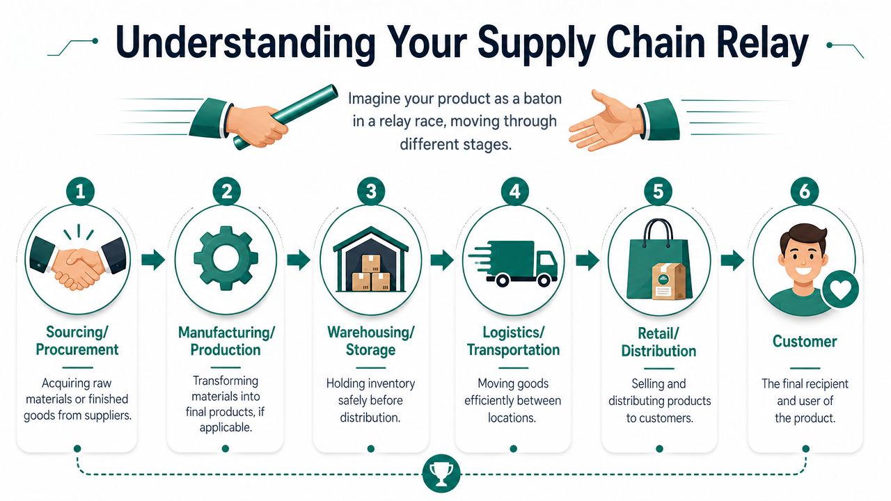 A diagram illustrating the six steps of the supply chain relay process from sourcing to customer.