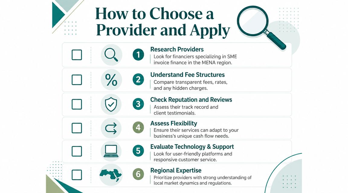 A six-step checklist titled How to Choose a Provider and Apply for SME invoice finance services.