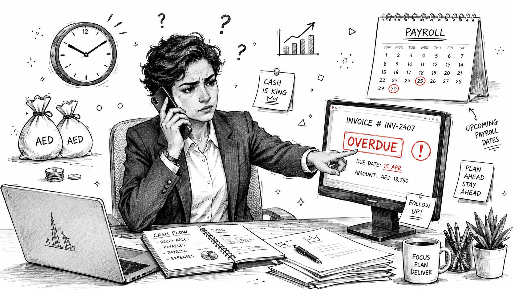 A stressed finance manager in a suit managing cash flow, invoices, and payroll deadlines at a desk.