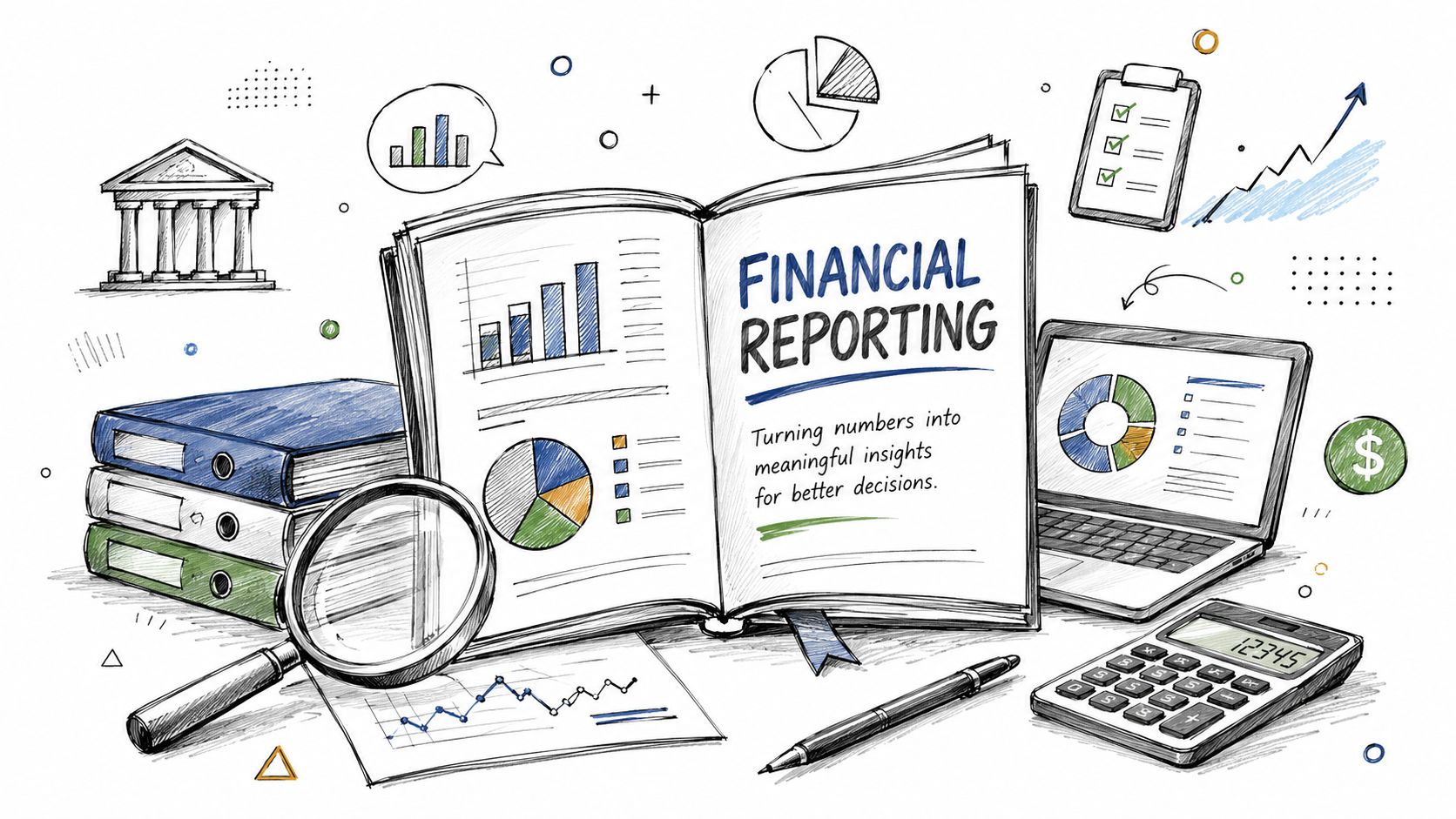 An illustration of financial reporting featuring an open book, charts, magnifying glass, calculator, and office supplies.