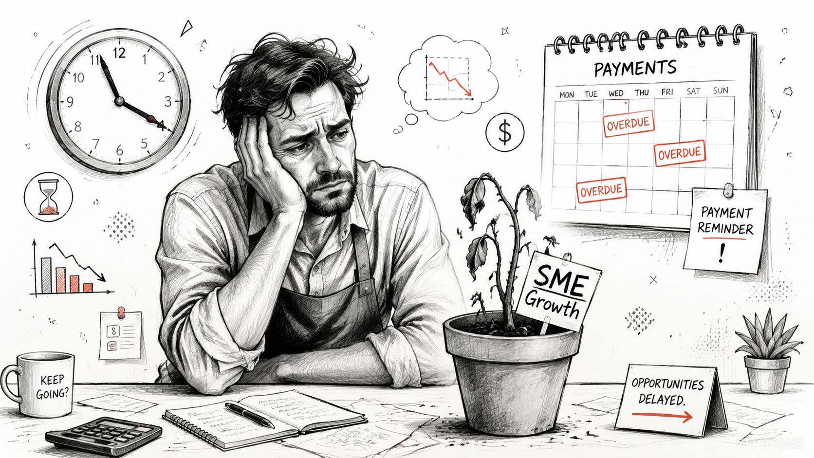 A stressed entrepreneur sitting at a desk with overdue payment notifications and a dying plant symbolizing business struggles.