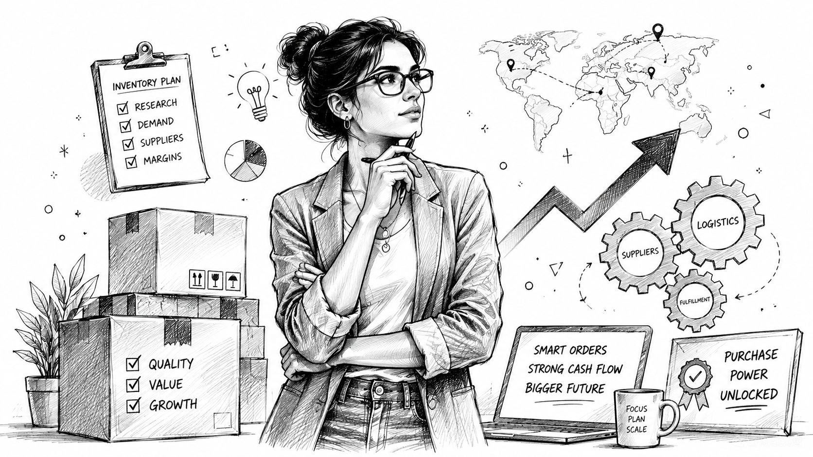 A professional woman planning global business operations, inventory management, and logistics strategy in an office setting.