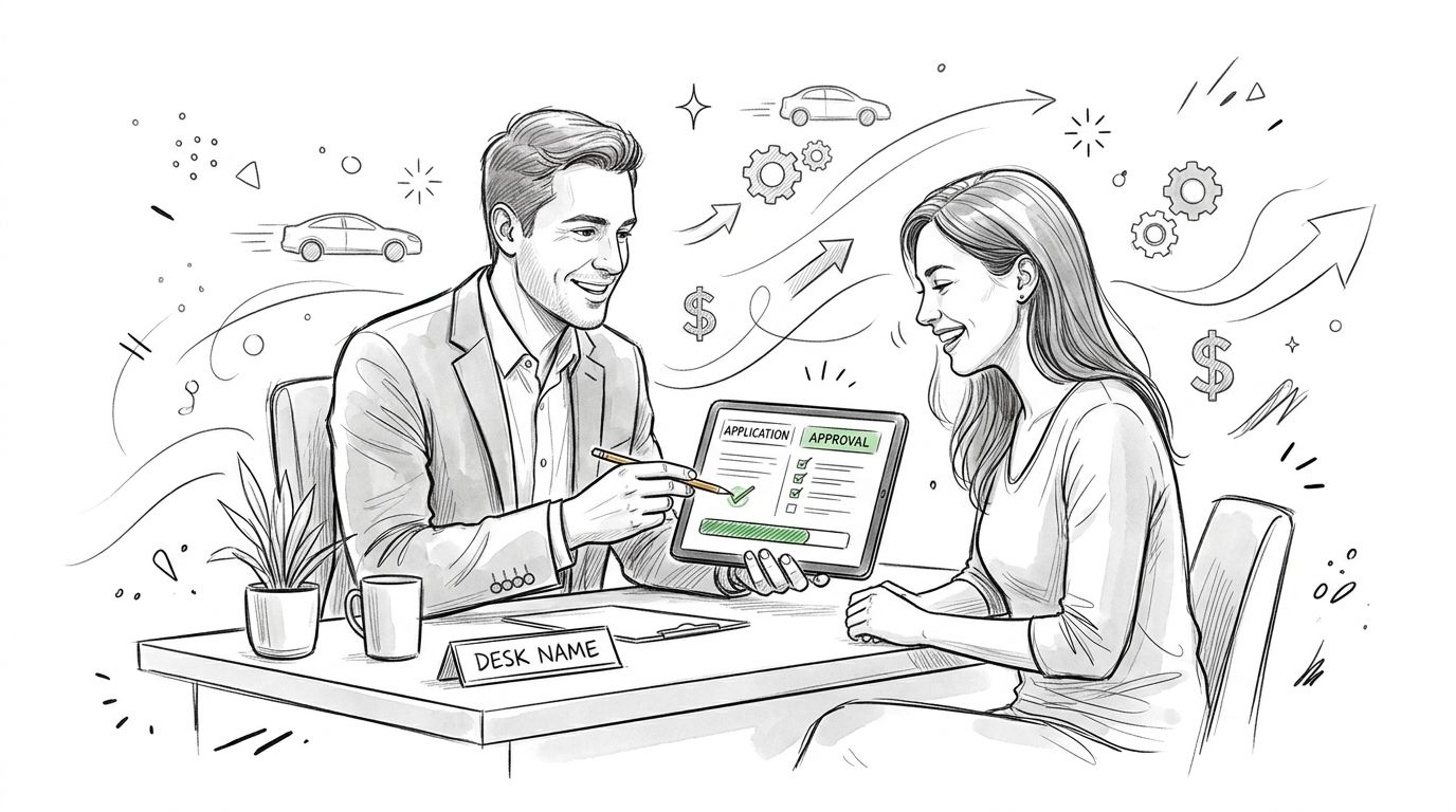 A professional man showing an automated digital loan approval process on a tablet to a female customer.