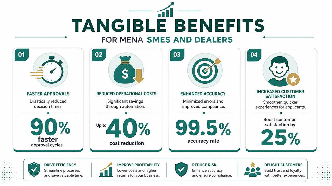 An infographic detailing the tangible business benefits of automation for MENA SMEs and dealers, including efficiency and growth metrics.